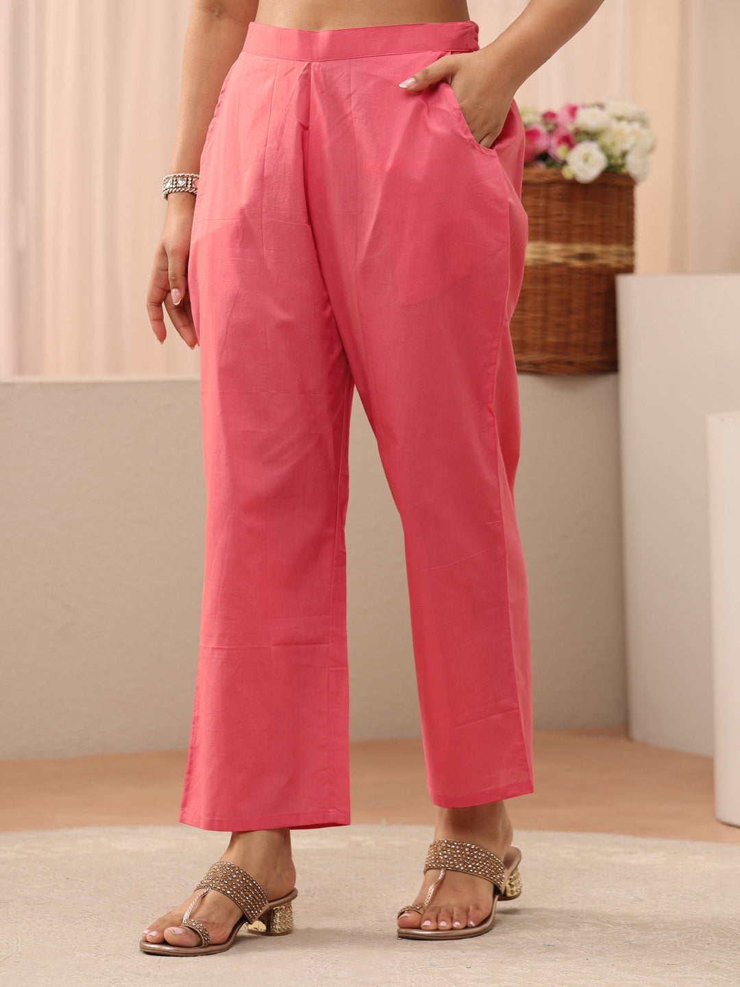  Pink Floral Embroidered Chanderi Silk Straight Suit Set 