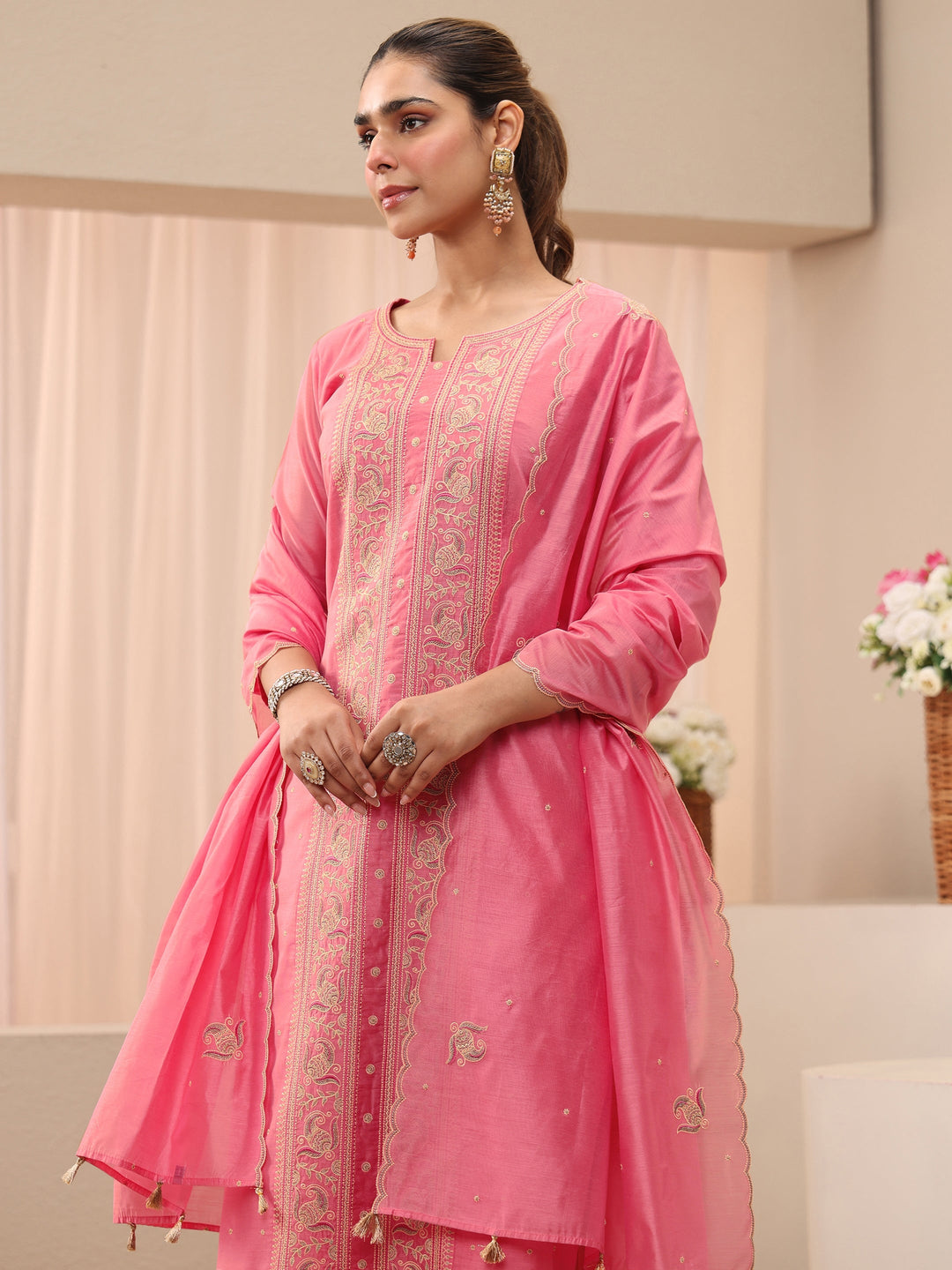  Pink Floral Embroidered Chanderi Silk Straight Suit Set 