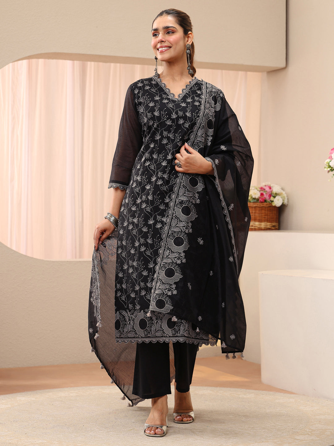  Black Floral Embroidered Chanderi Silk Straight Suit Set 
