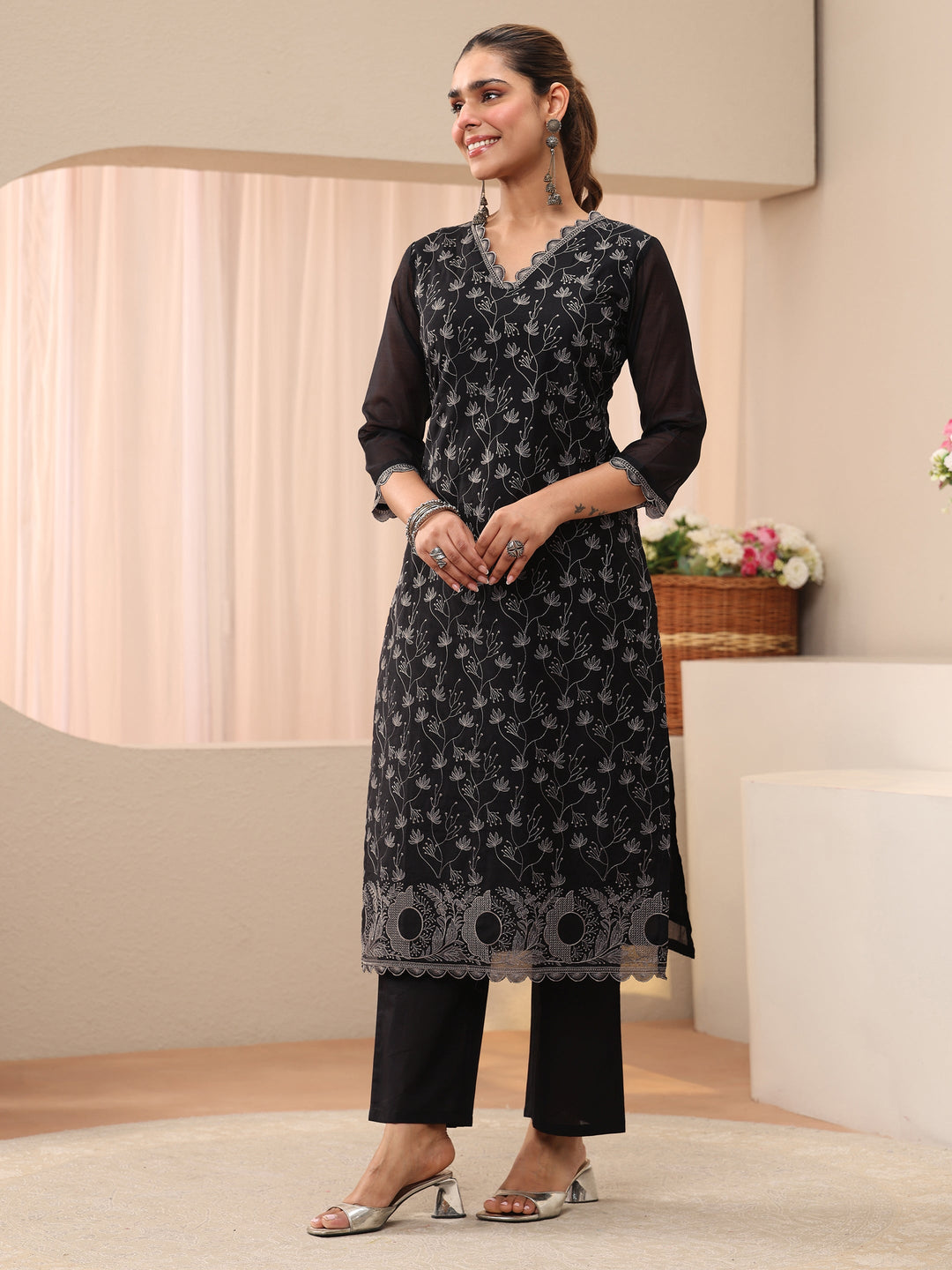 Black Floral Embroidered Chanderi Silk Straight Suit Set 