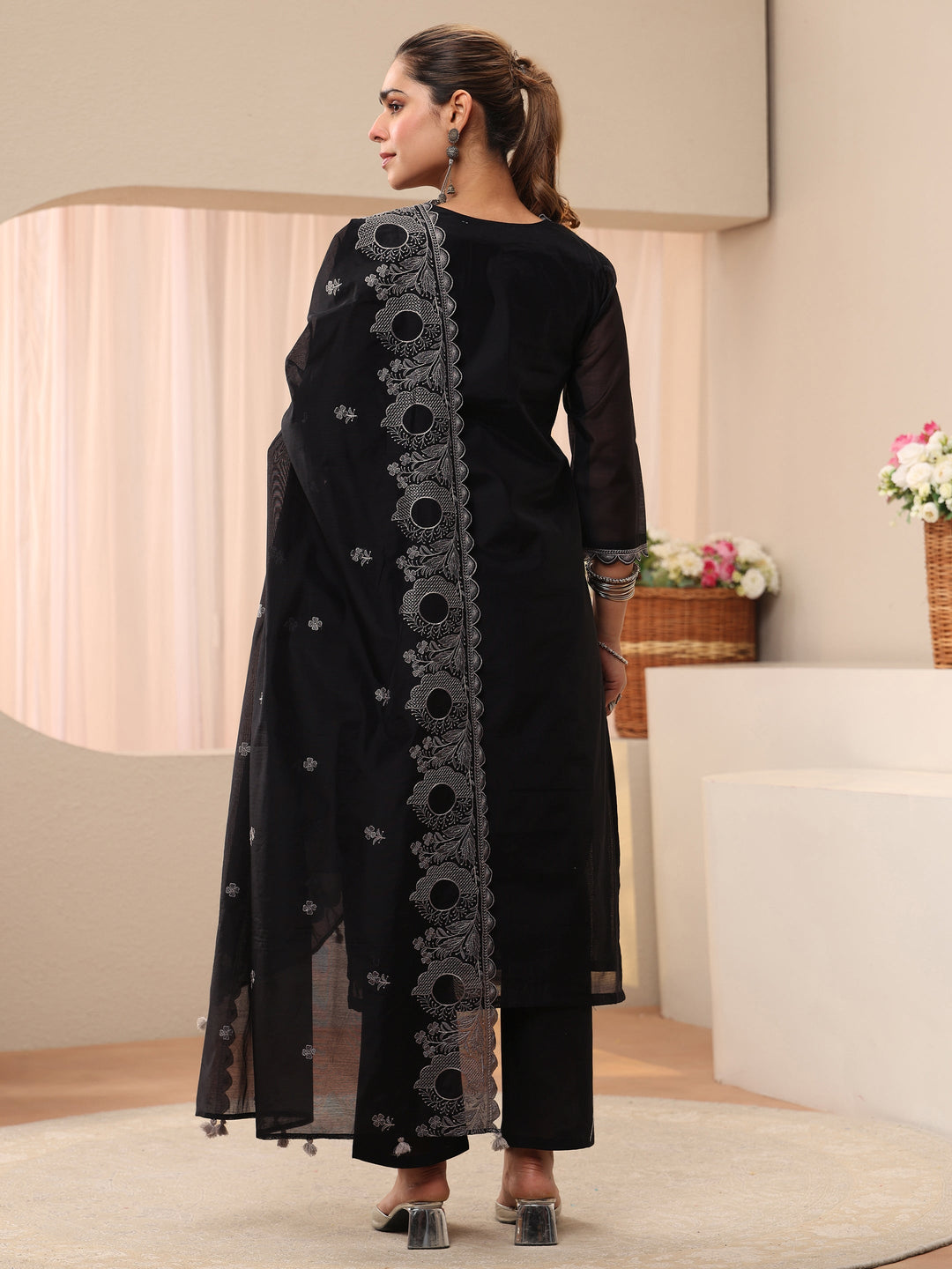  Black Floral Embroidered Chanderi Silk Straight Suit Set 