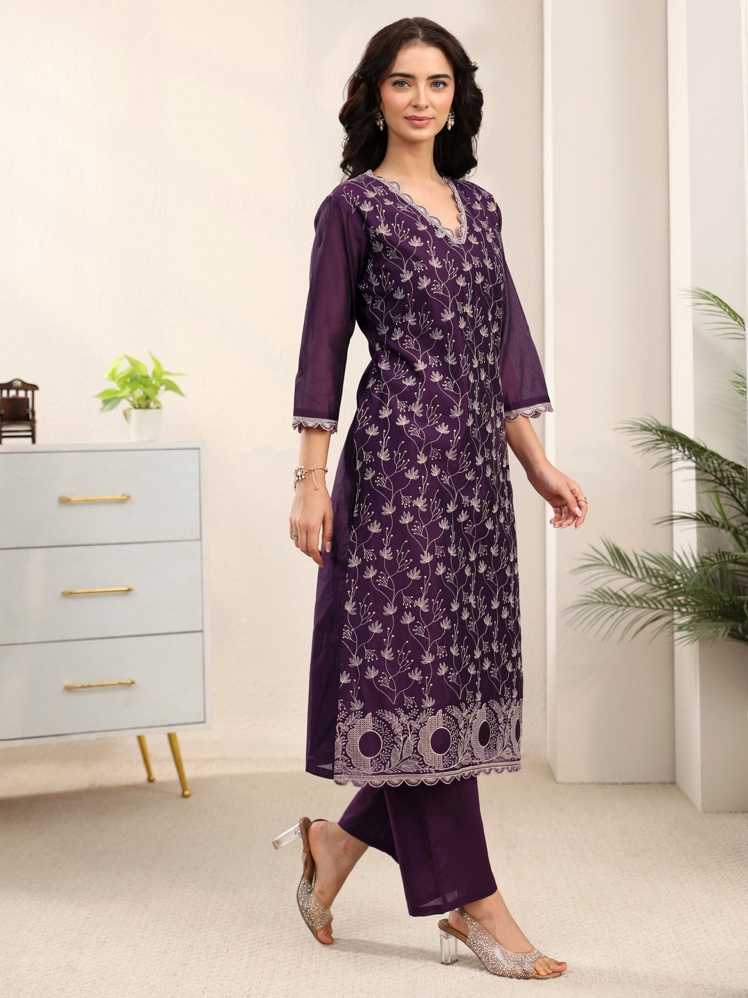  Libas Aubergine Purple Embroidered Chanderi Silk Straight Suit Set 