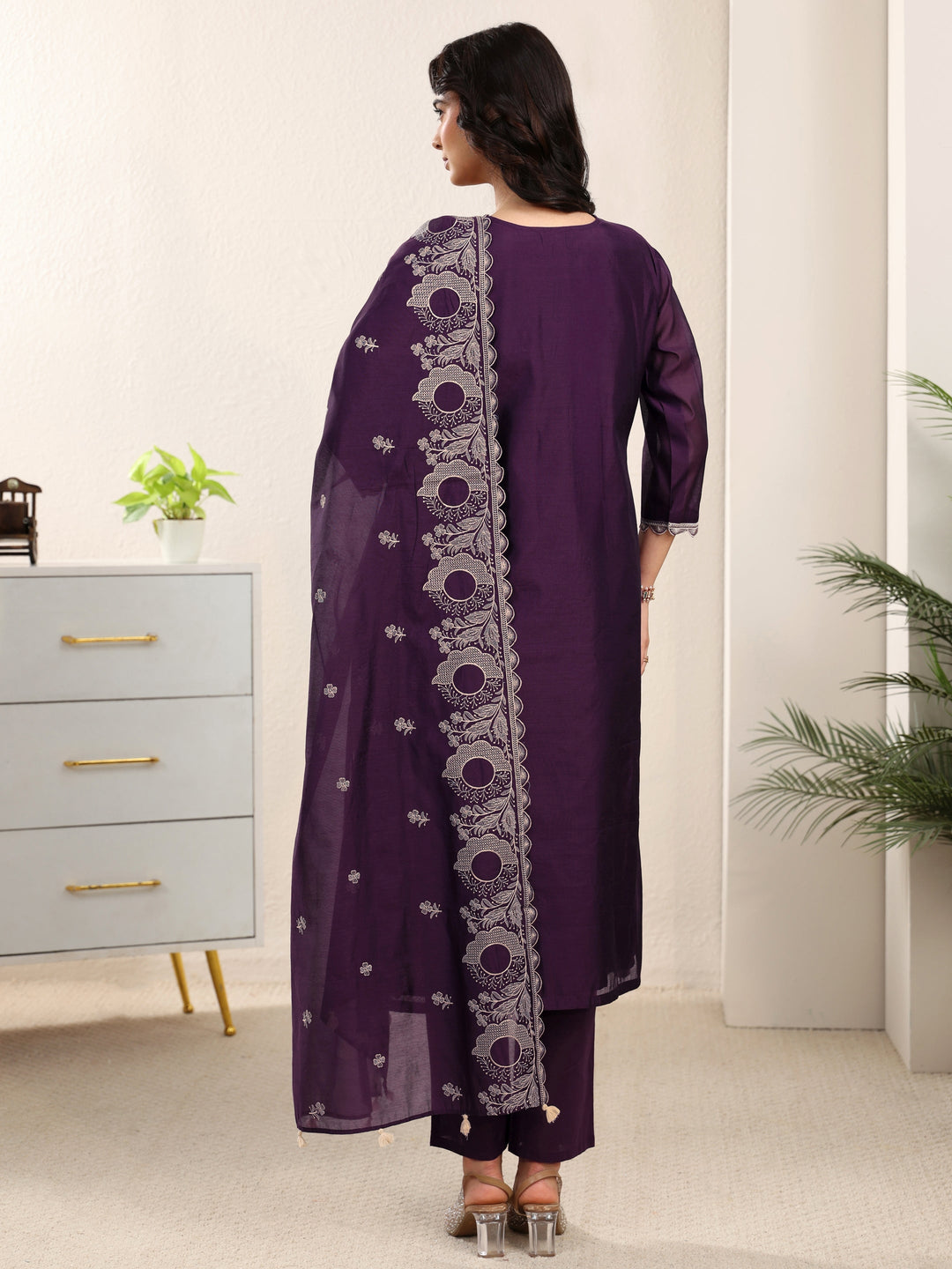  Libas Aubergine Purple Embroidered Chanderi Silk Straight Suit Set 