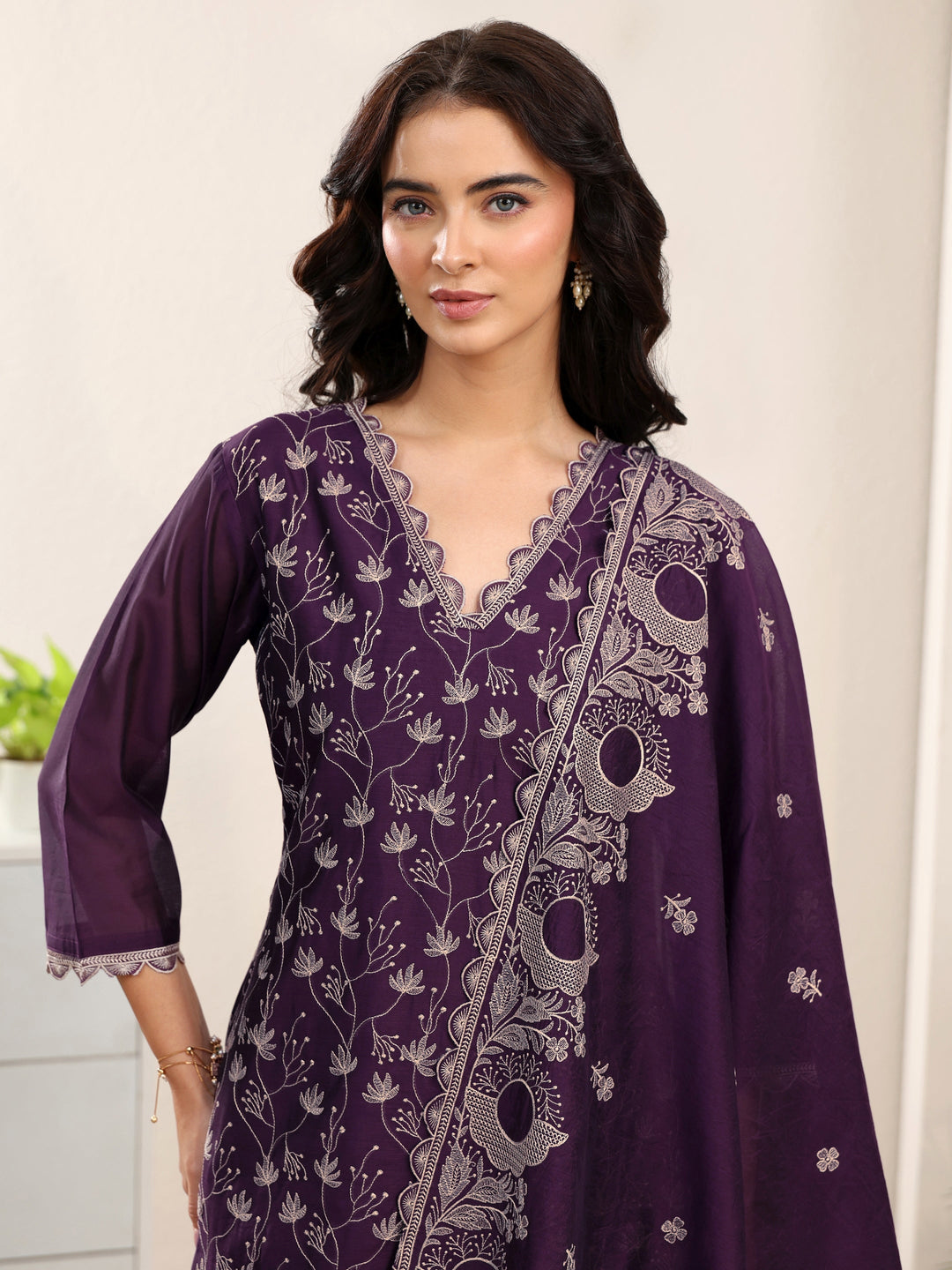  Libas Aubergine Purple Embroidered Chanderi Silk Straight Suit Set 