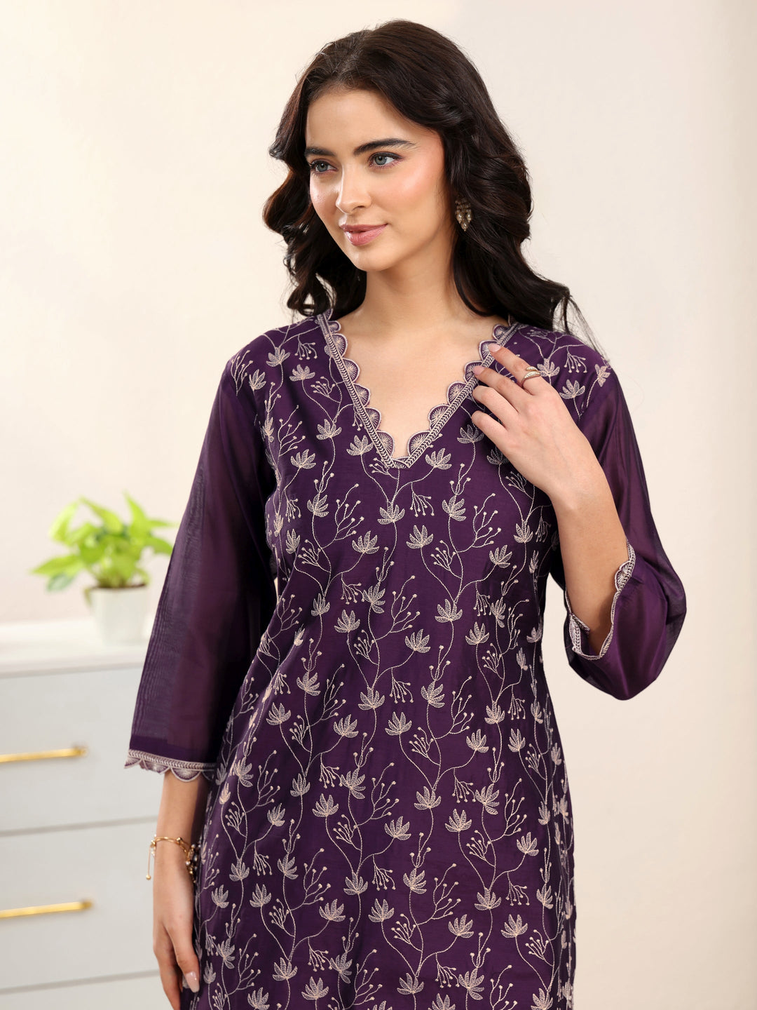  Libas Aubergine Purple Embroidered Chanderi Silk Straight Suit Set 