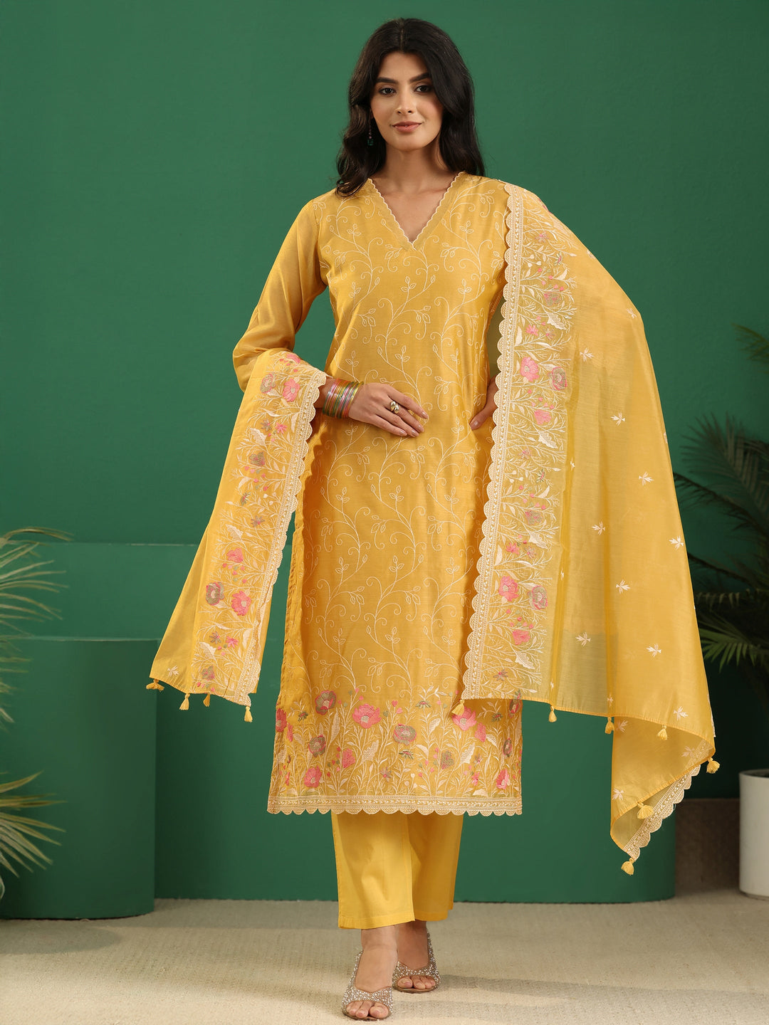  Libas Yellow Floral Embroidered Chanderi Silk Straight Suit Set 