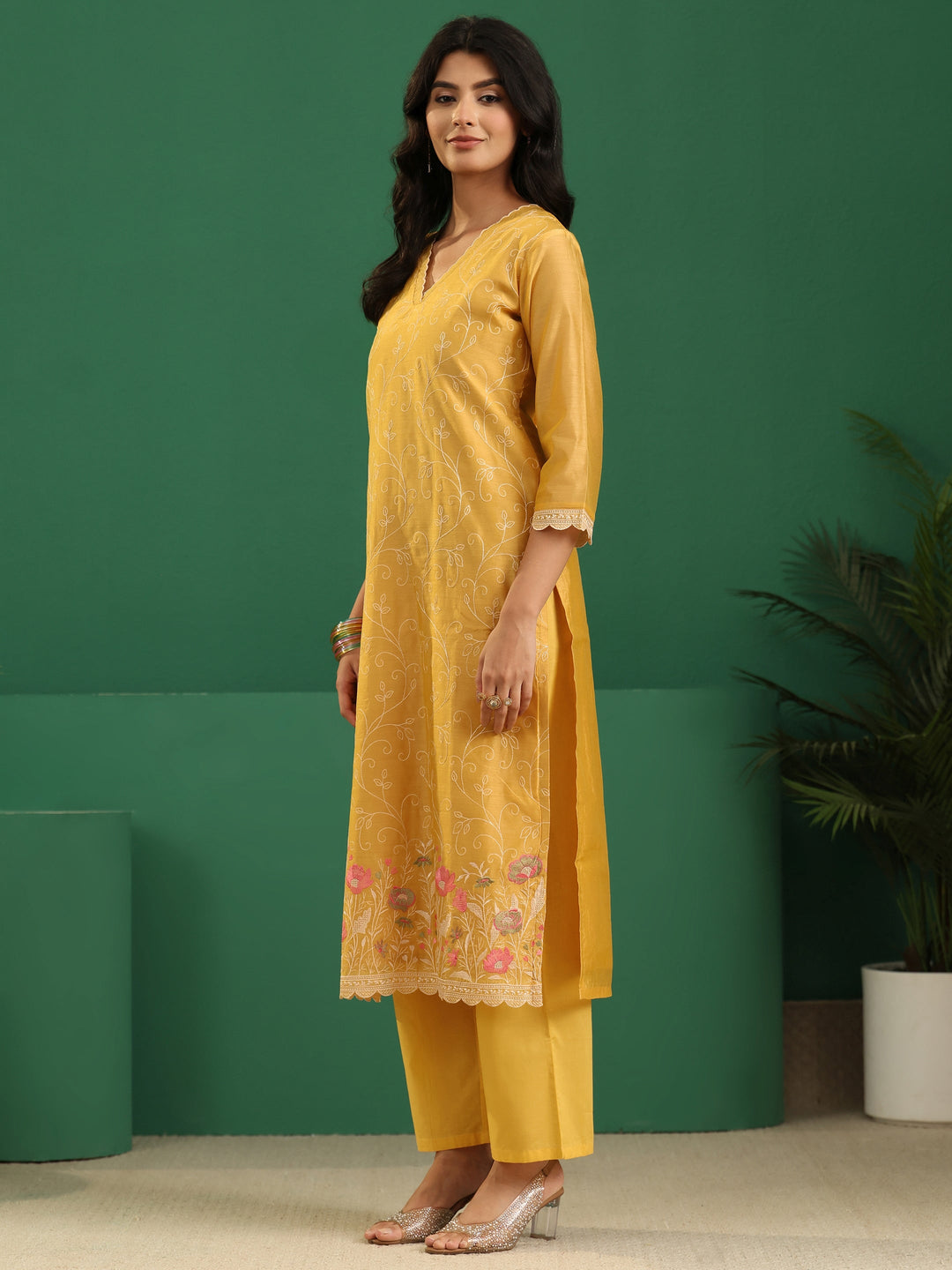  Libas Yellow Floral Embroidered Chanderi Silk Straight Suit Set 
