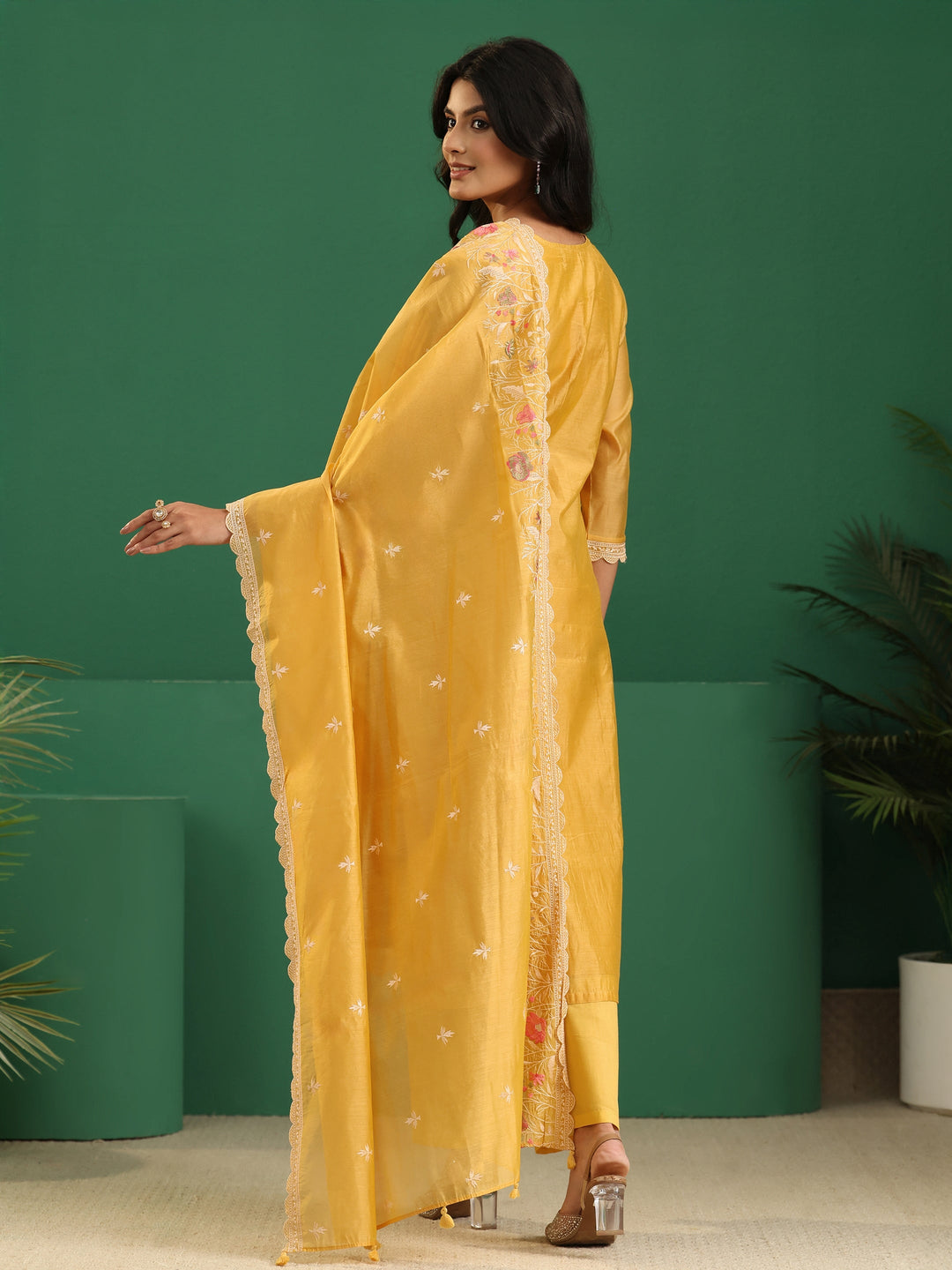  Libas Yellow Floral Embroidered Chanderi Silk Straight Suit Set 