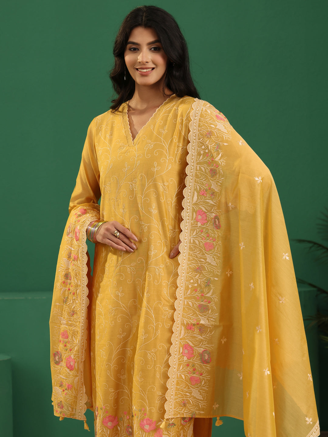  Libas Yellow Floral Embroidered Chanderi Silk Straight Suit Set 