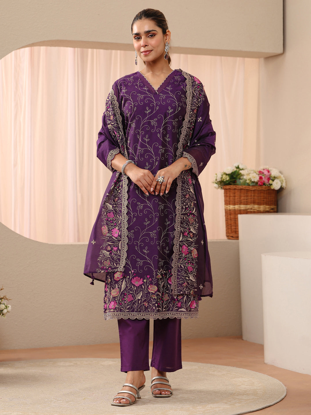  Purple Floral Embroidered Chanderi Silk Straight Suit Set 