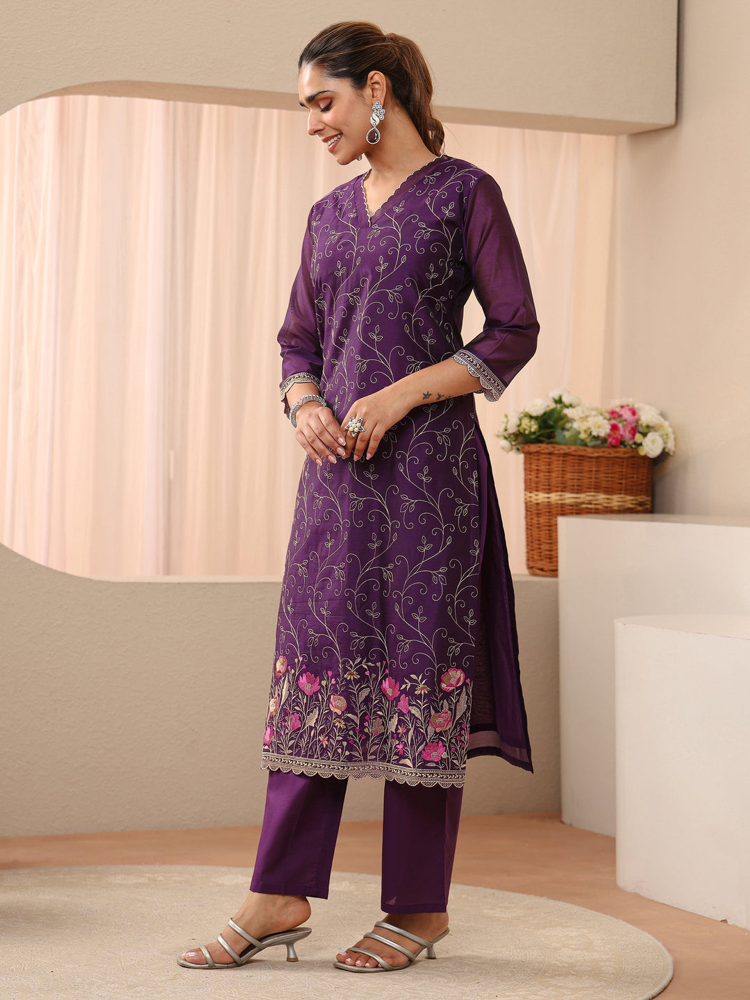  Purple Floral Embroidered Chanderi Silk Straight Suit Set 