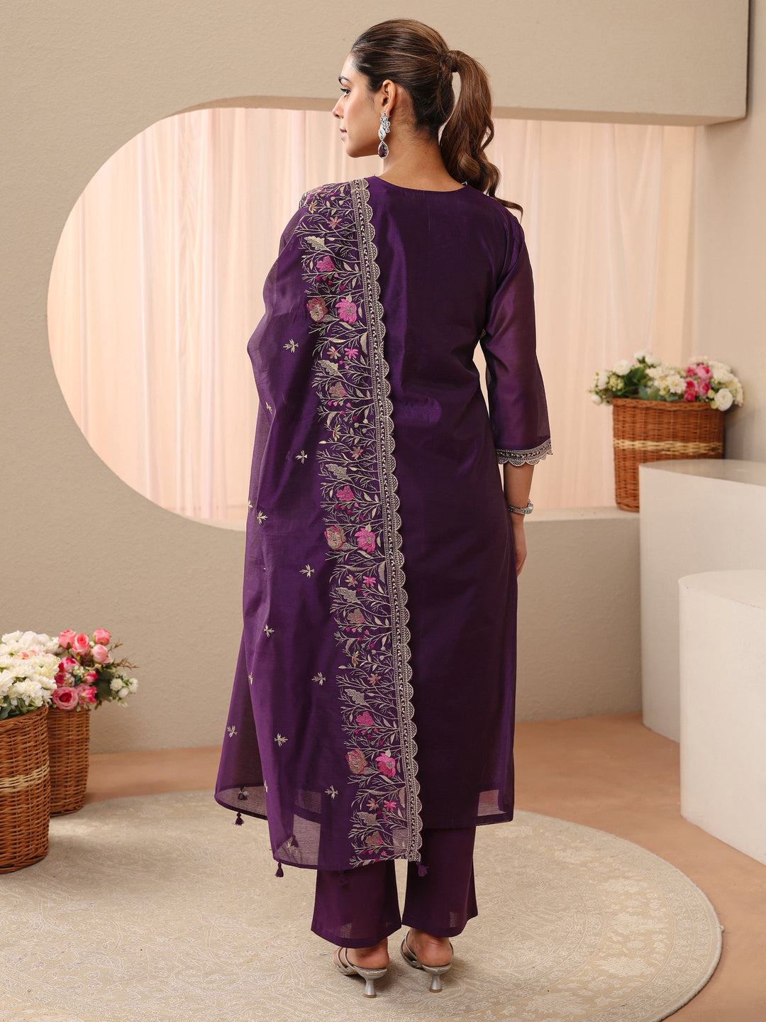  Purple Floral Embroidered Chanderi Silk Straight Suit Set 