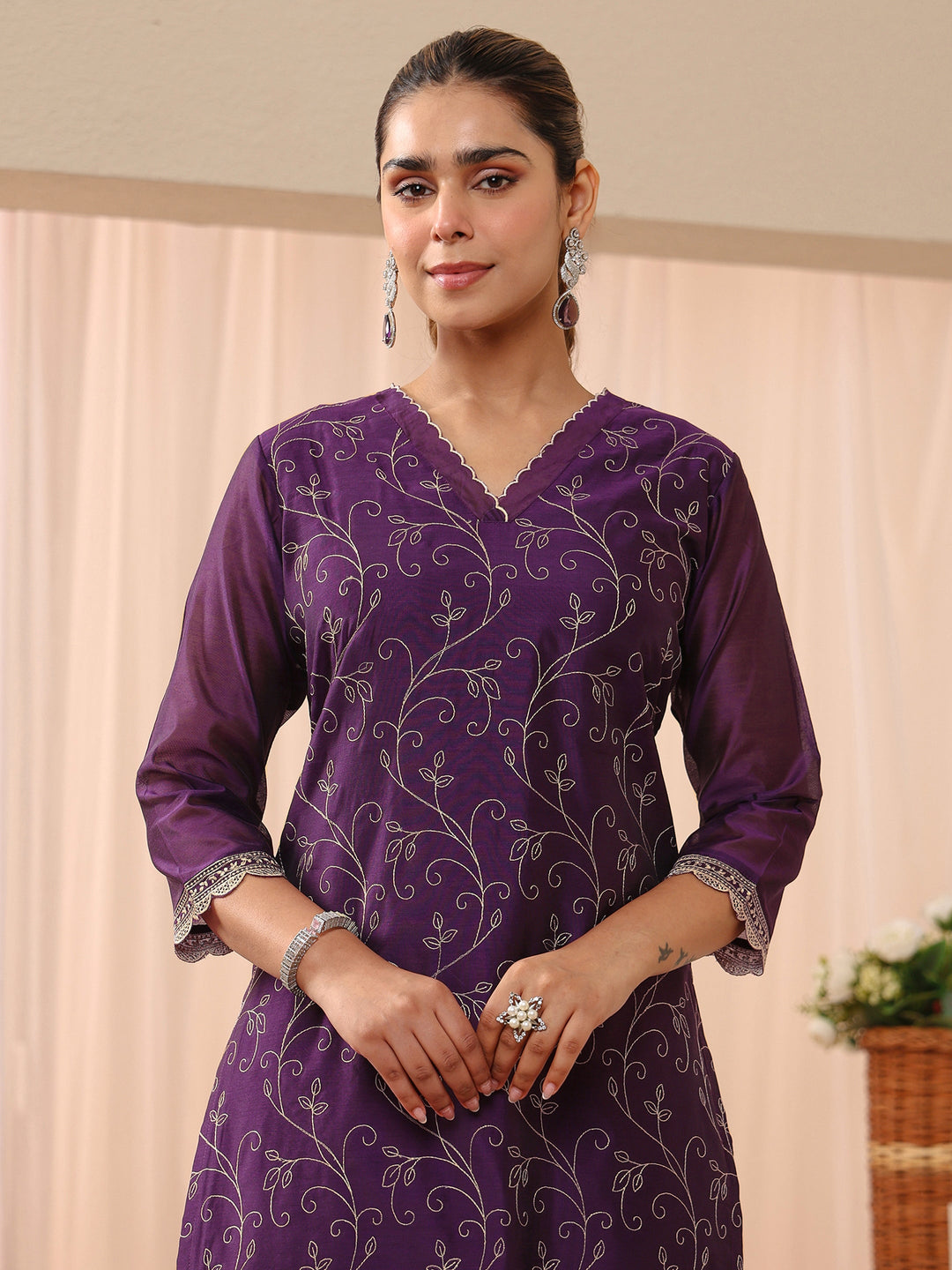  Purple Floral Embroidered Chanderi Silk Straight Suit Set 