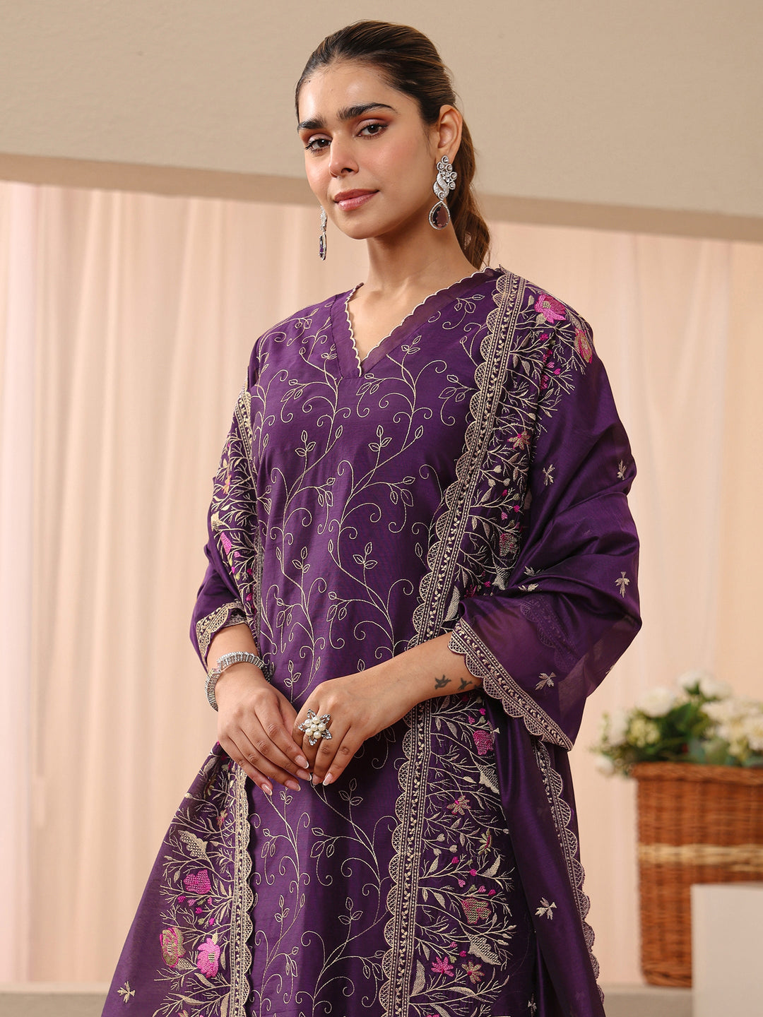  Purple Floral Embroidered Chanderi Silk Straight Suit Set 