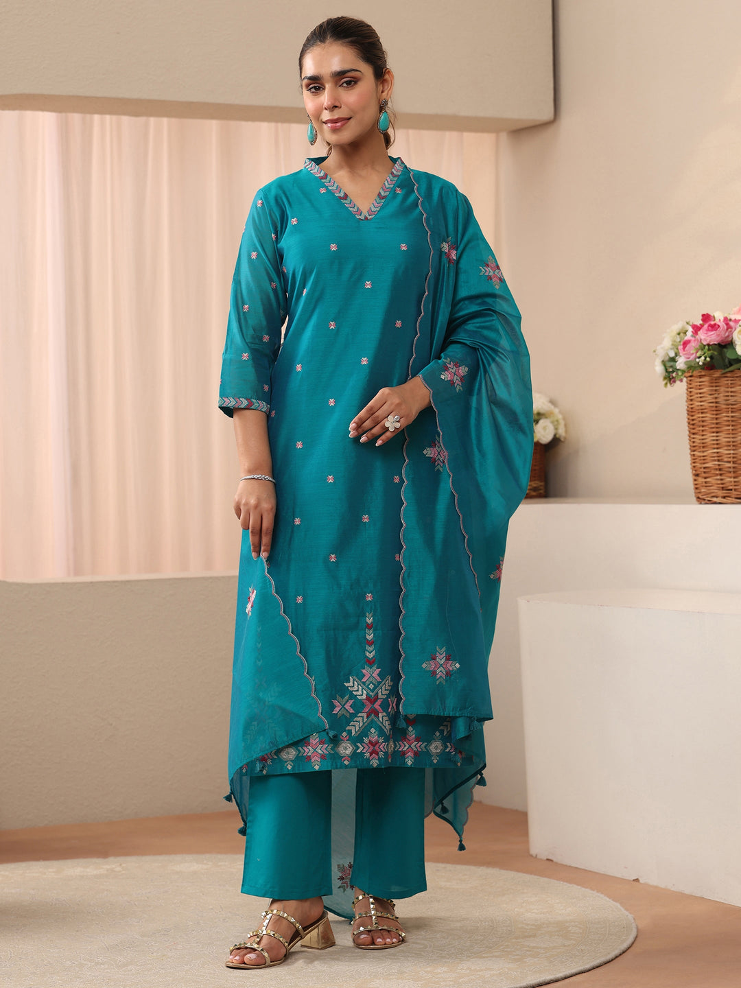  Blue Floral Embroidered Chanderi Silk Straight Suit Set 