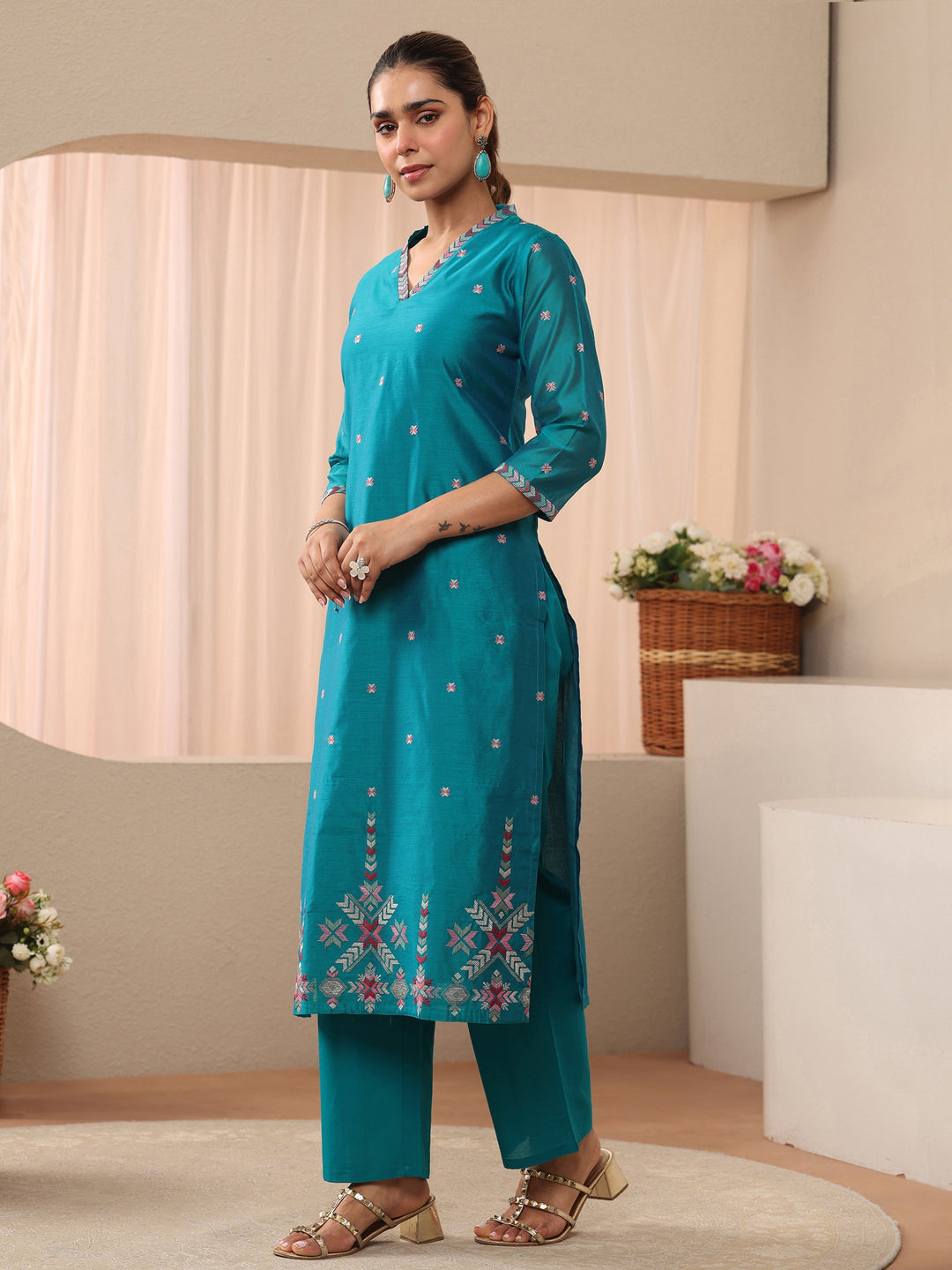  Blue Floral Embroidered Chanderi Silk Straight Suit Set 