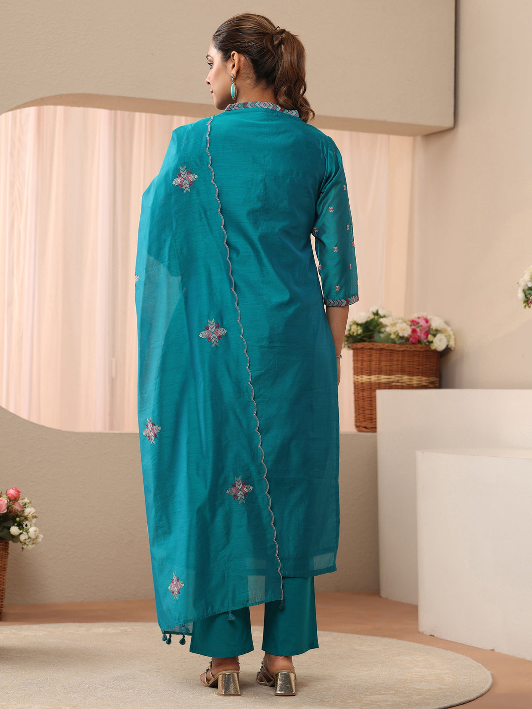  Blue Floral Embroidered Chanderi Silk Straight Suit Set 