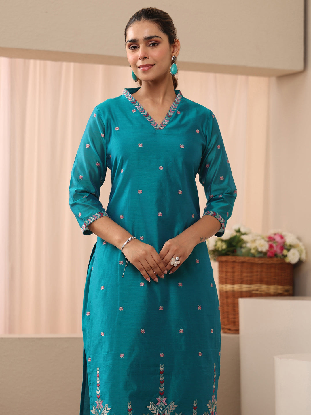  Blue Floral Embroidered Chanderi Silk Straight Suit Set 