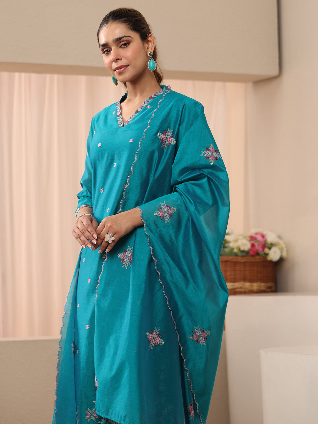 Blue Floral Embroidered Chanderi Silk Straight Suit Set 