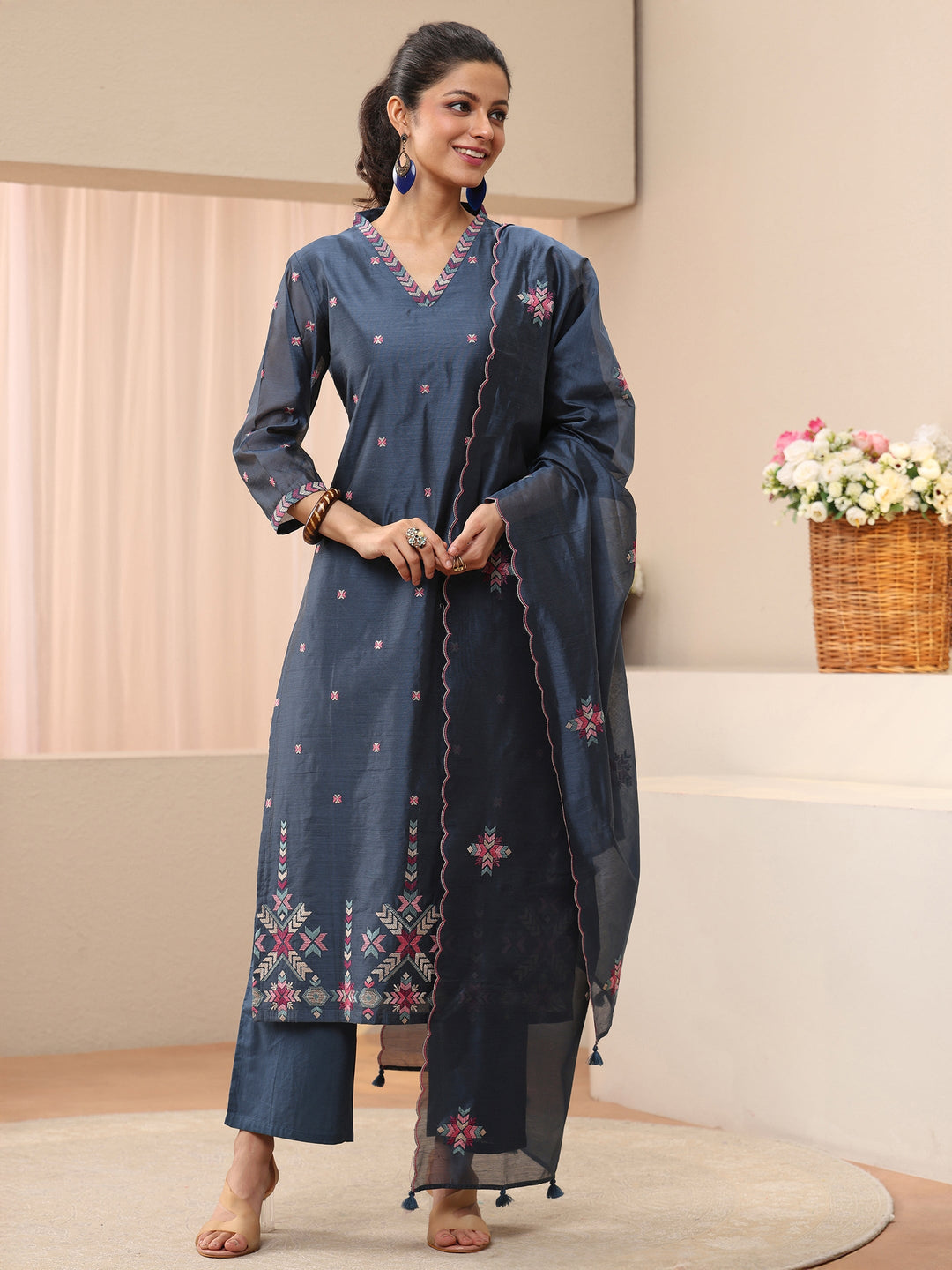  Blue Embroidered Chanderi Silk Straight Suit Set 
