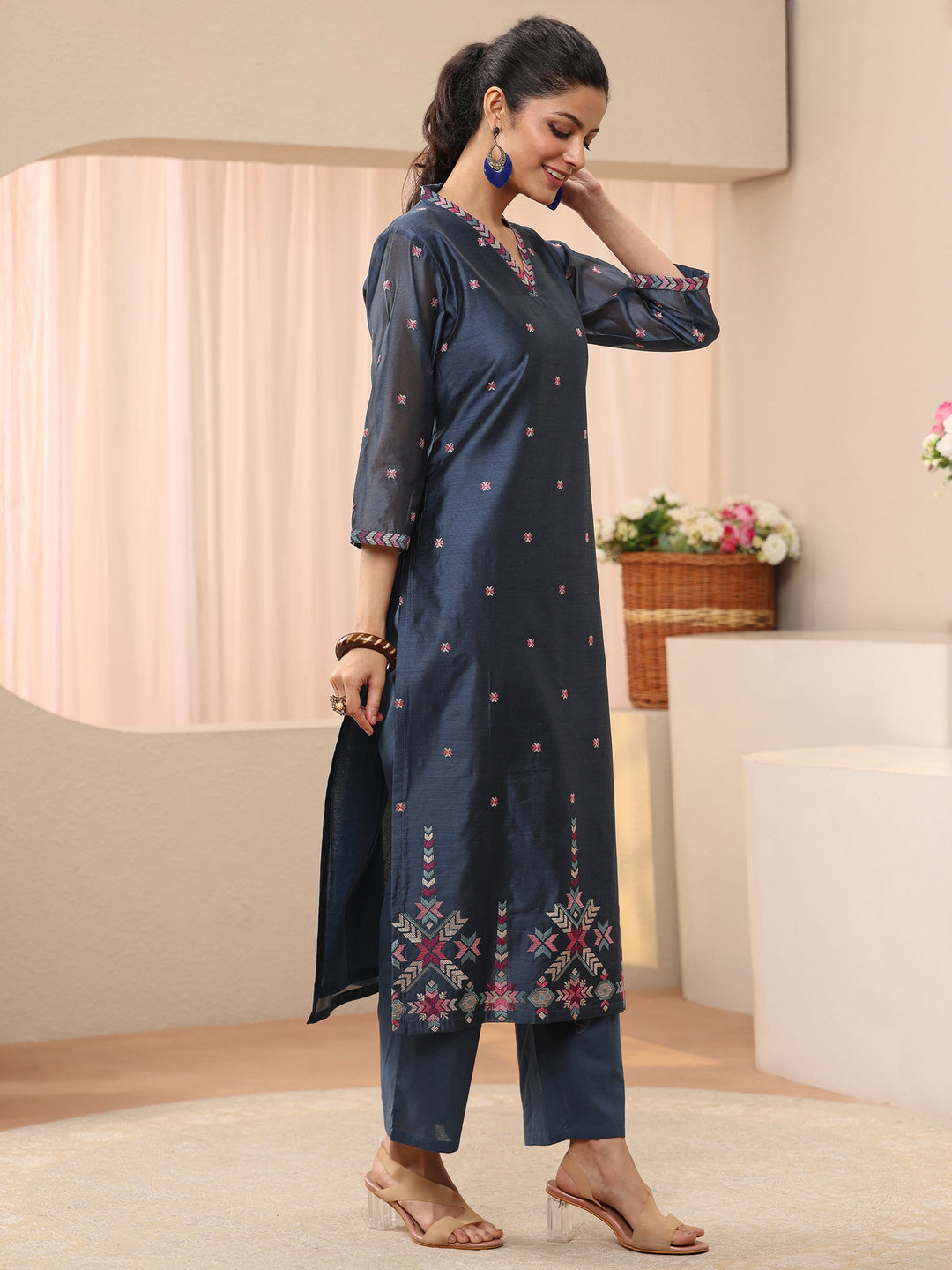  Blue Embroidered Chanderi Silk Straight Suit Set 