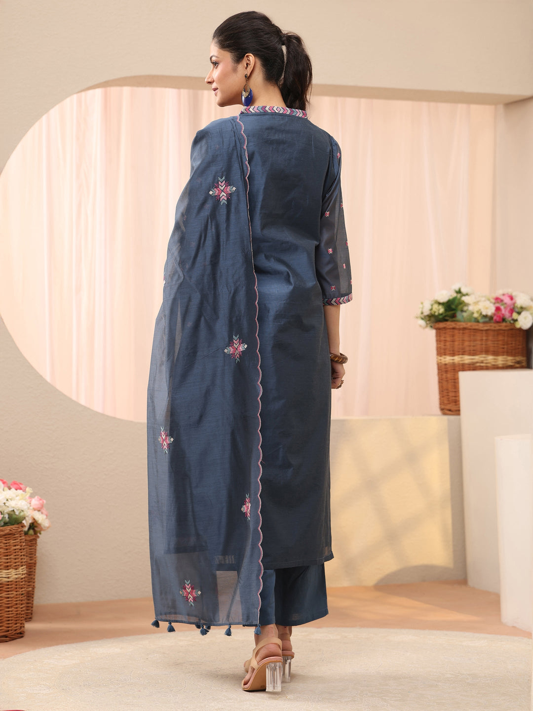  Blue Embroidered Chanderi Silk Straight Suit Set 