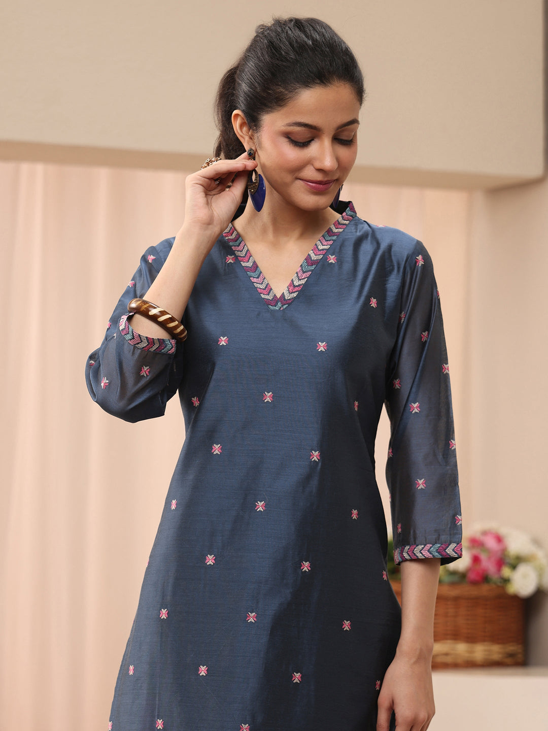  Blue Embroidered Chanderi Silk Straight Suit Set 