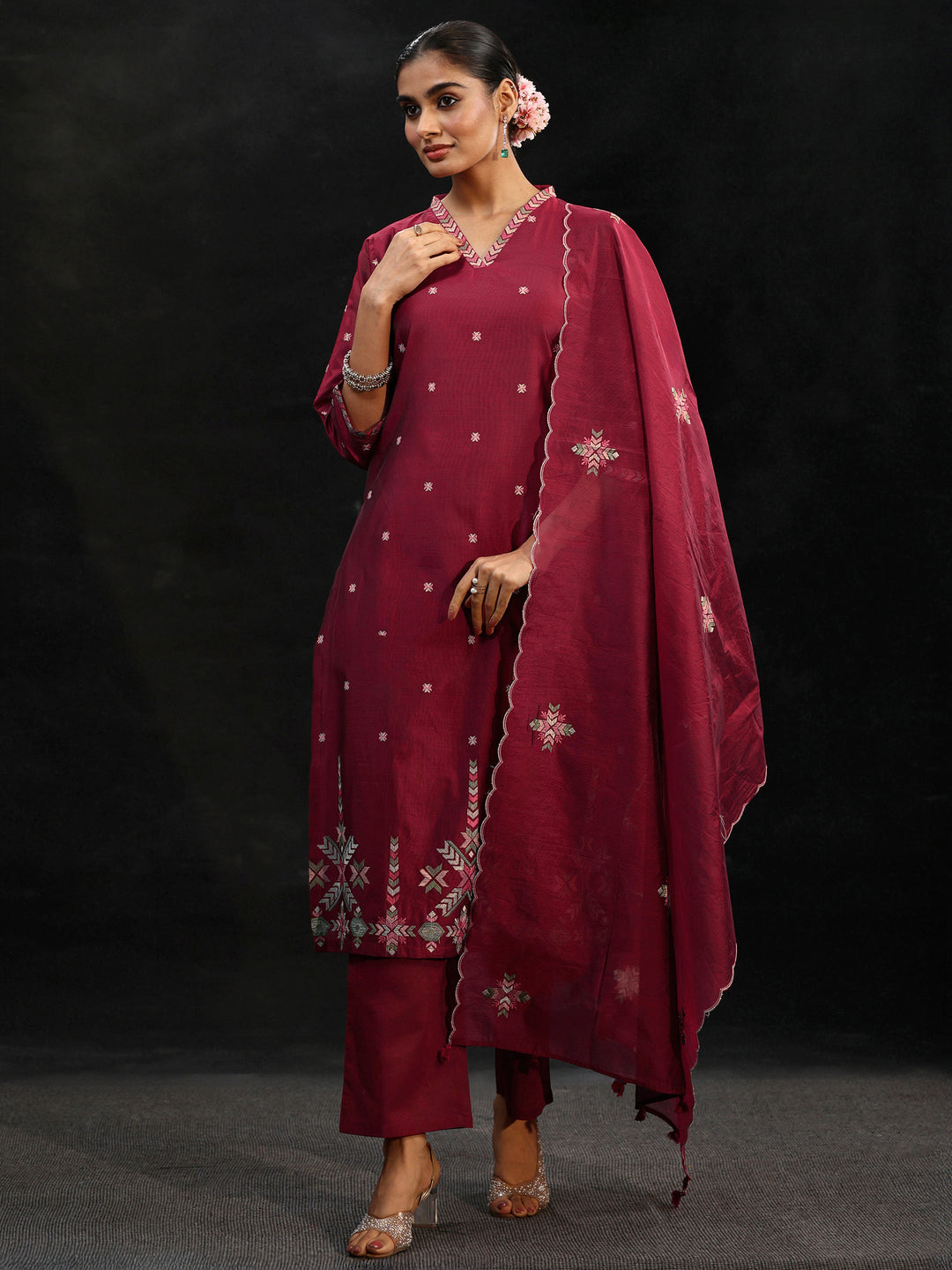  Libas Maroon Red Embroidered Chanderi Silk Straight Suit Set 