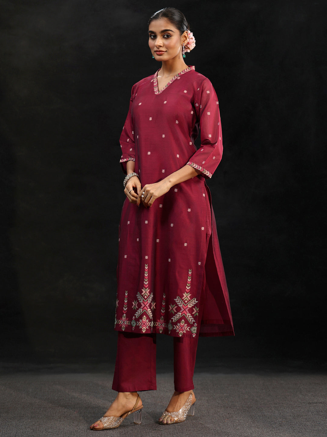  Libas Maroon Red Embroidered Chanderi Silk Straight Suit Set 