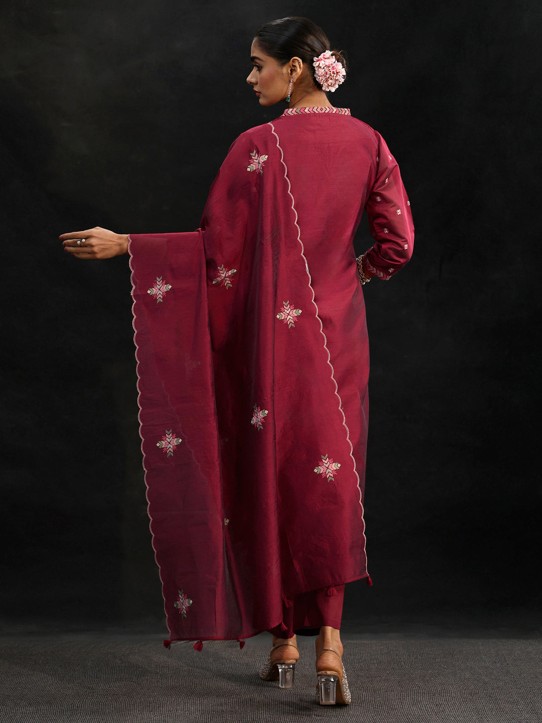  Libas Maroon Red Embroidered Chanderi Silk Straight Suit Set 