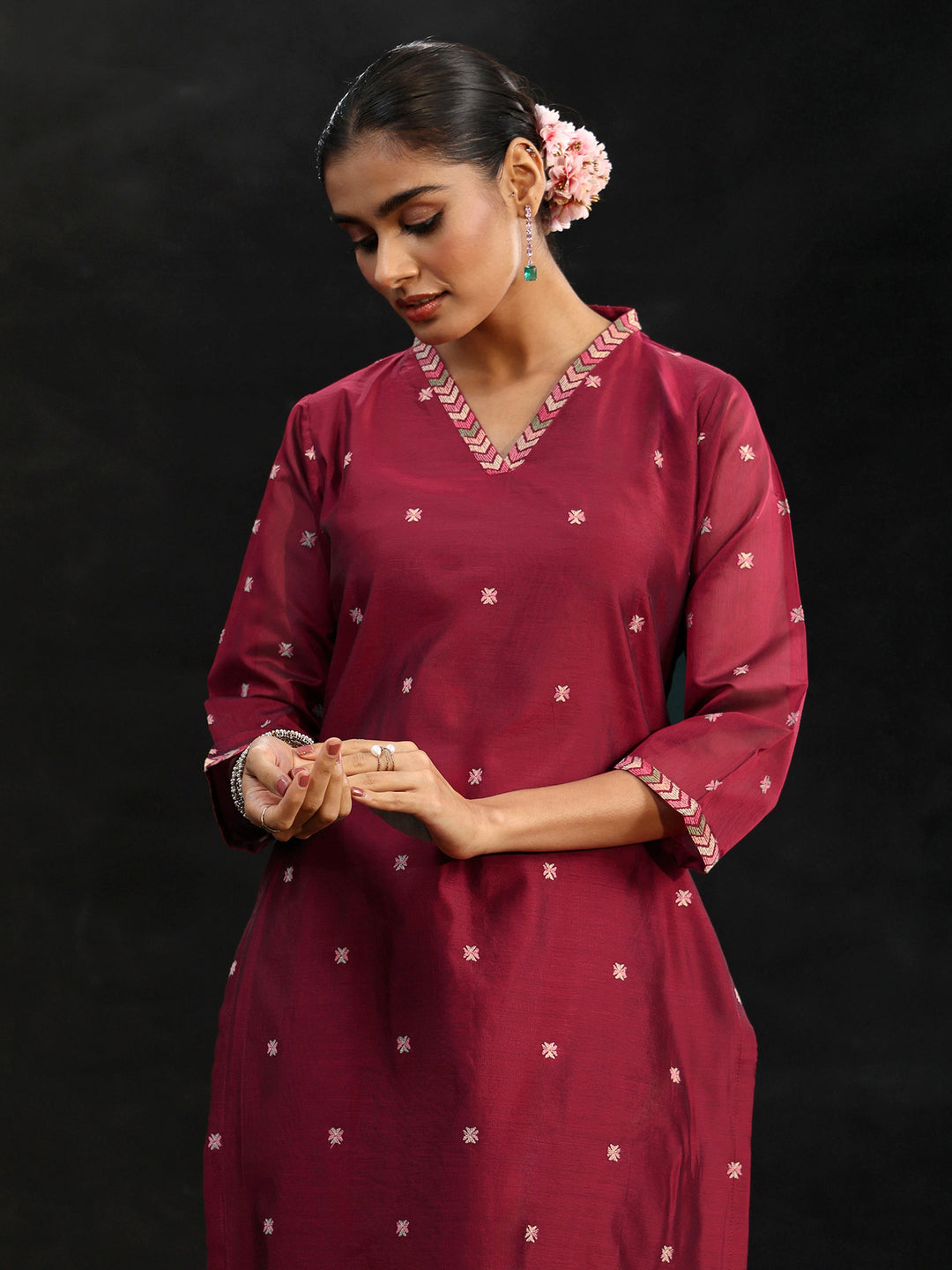  Libas Maroon Red Embroidered Chanderi Silk Straight Suit Set 