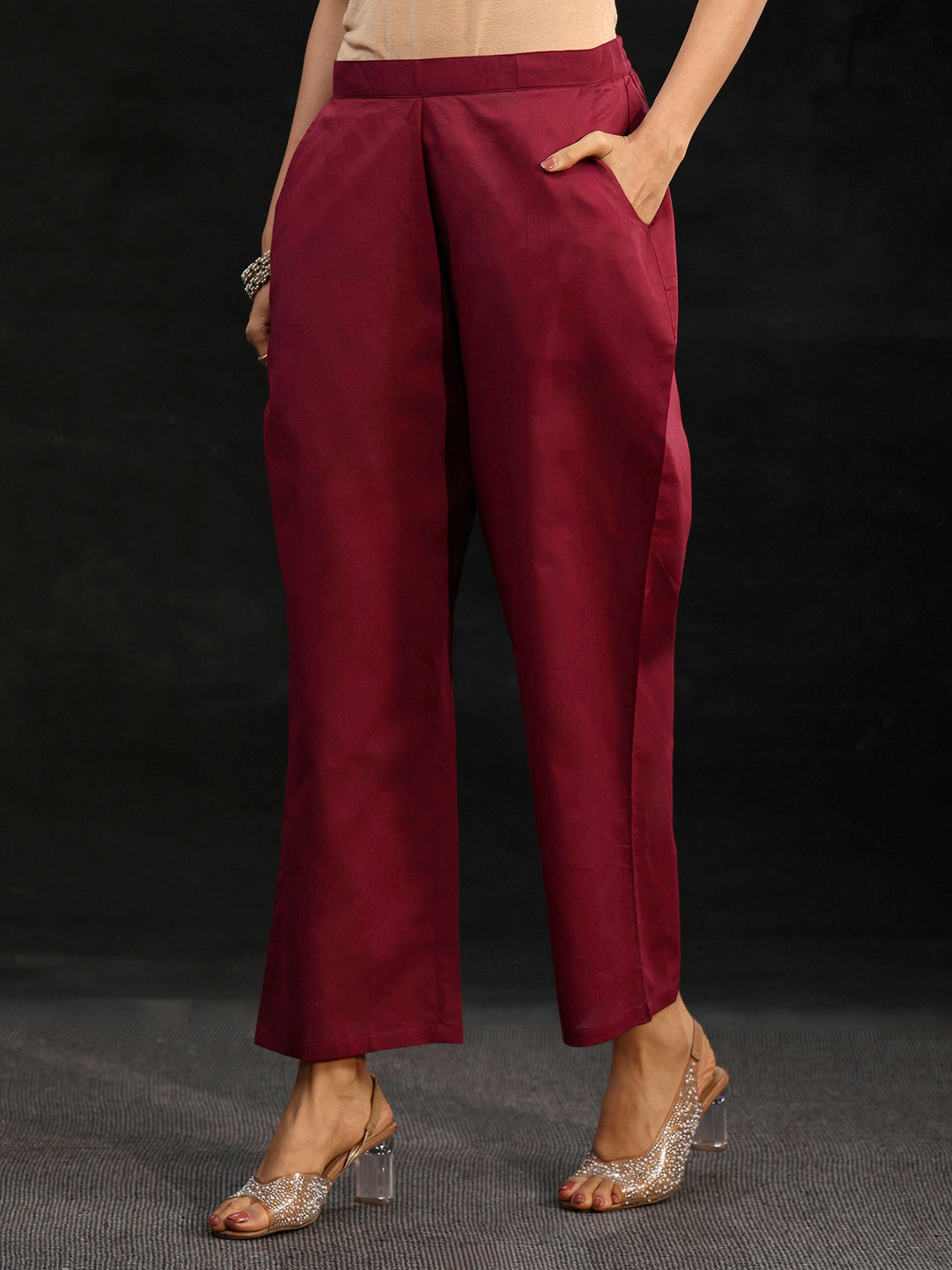  Libas Maroon Red Embroidered Chanderi Silk Straight Suit Set 