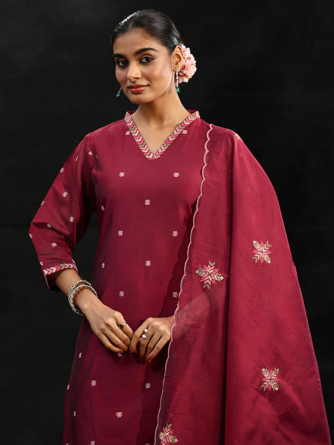  Libas Maroon Red Embroidered Chanderi Silk Straight Suit Set 