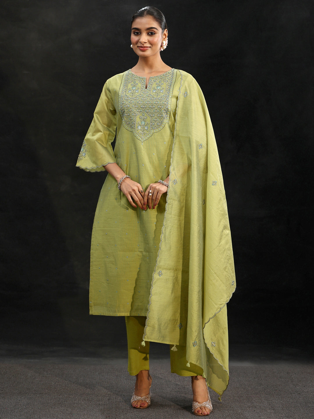  Libas Pista Green Yoke Embroidered Chanderi Silk Straight Suit Set 