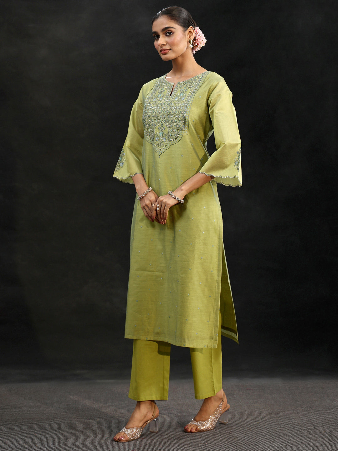 Libas Pista Green Yoke Embroidered Chanderi Silk Straight Suit Set 