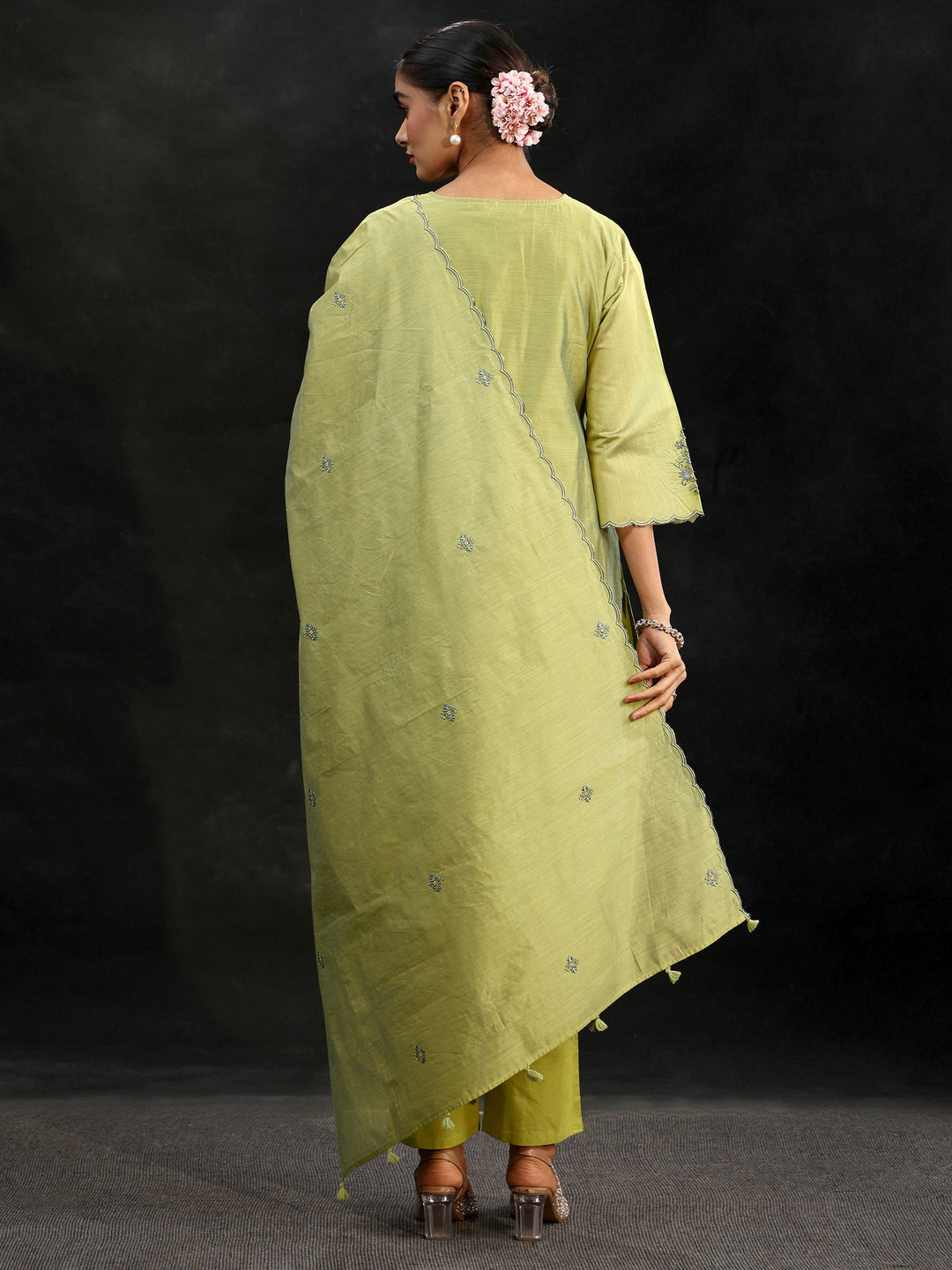  Libas Pista Green Yoke Embroidered Chanderi Silk Straight Suit Set 