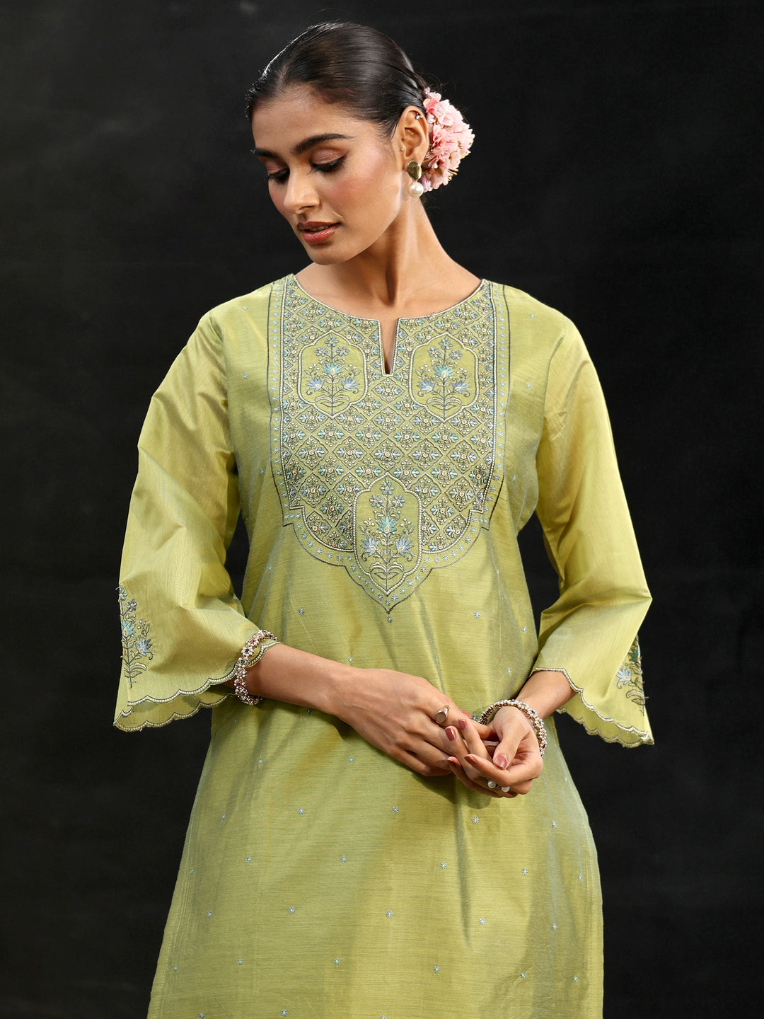  Libas Pista Green Yoke Embroidered Chanderi Silk Straight Suit Set 