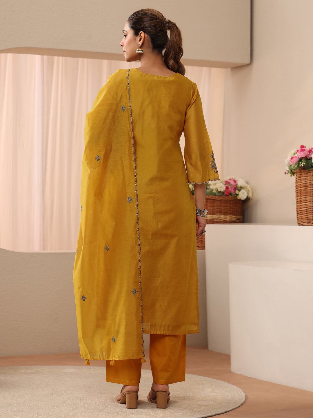  Yellow Floral Embroidered Chanderi Silk Straight Suit Set 