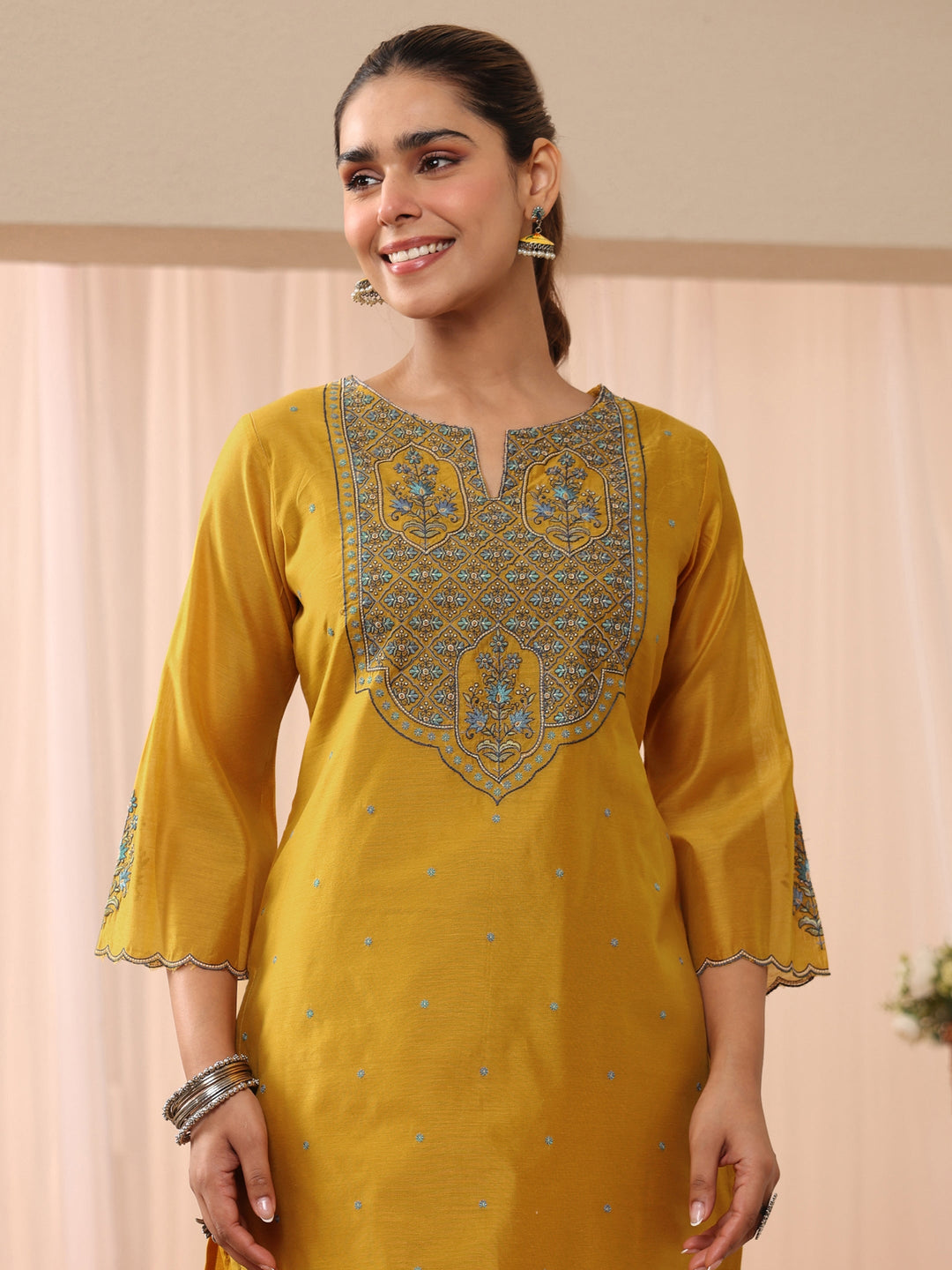  Yellow Floral Embroidered Chanderi Silk Straight Suit Set 