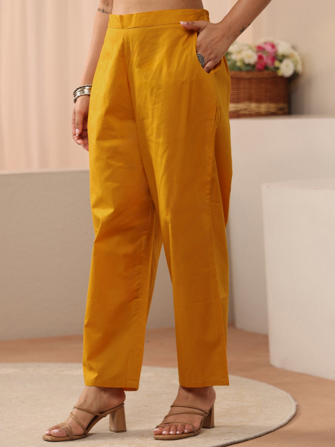  Yellow Floral Embroidered Chanderi Silk Straight Suit Set 