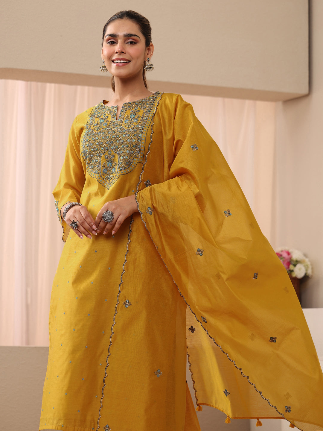  Yellow Floral Embroidered Chanderi Silk Straight Suit Set 