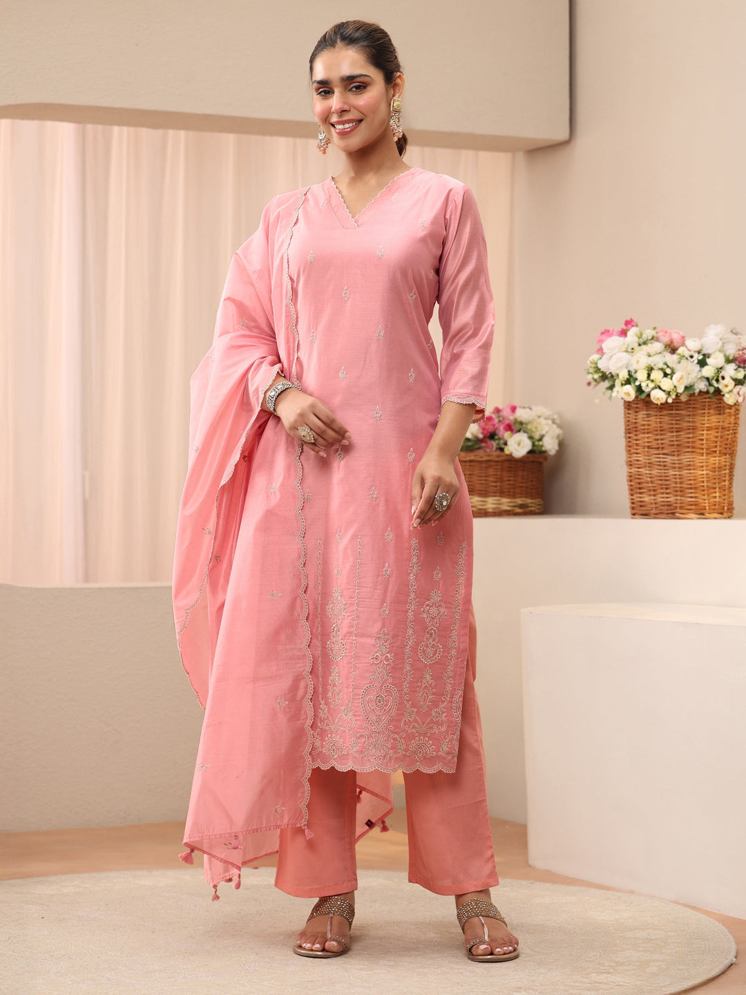  Pink Ethnic Embroidered Chanderi Silk Straight Suit Set 