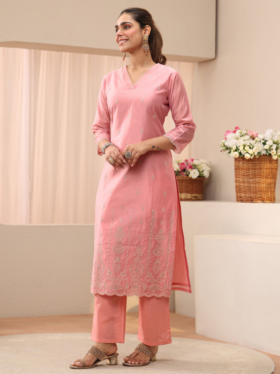  Pink Ethnic Embroidered Chanderi Silk Straight Suit Set 