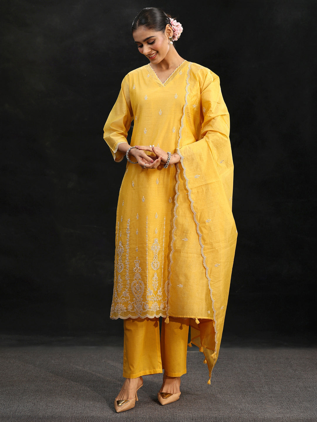  Libas Sunshine Yellow Embroidered Chanderi Silk Straight Suit Set 