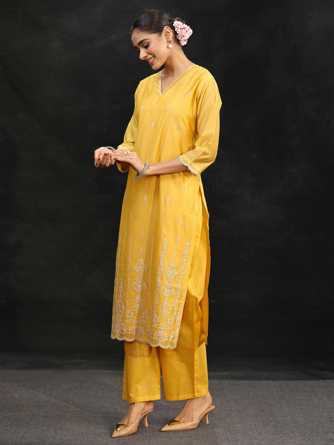  Libas Sunshine Yellow Embroidered Chanderi Silk Straight Suit Set 