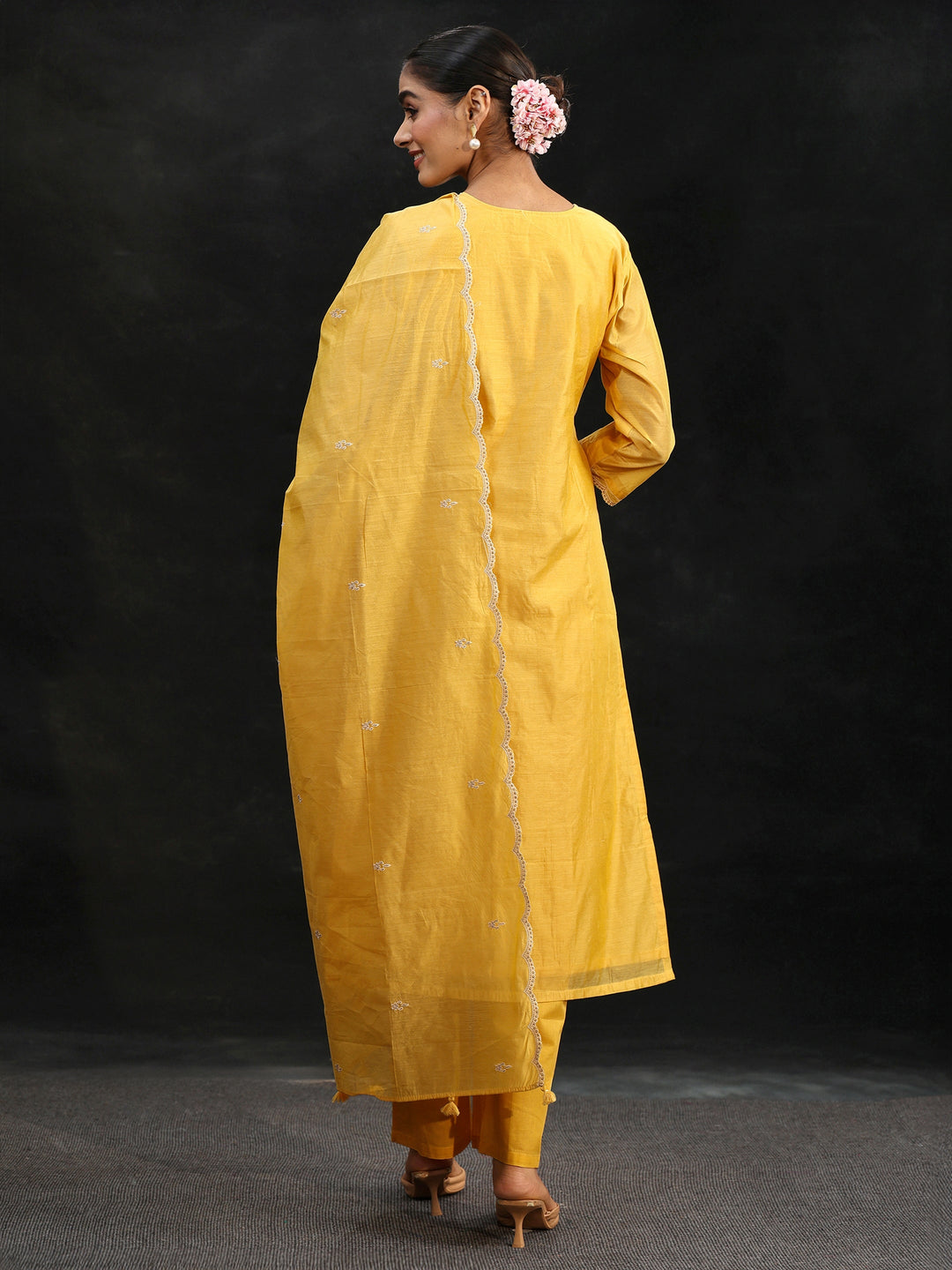  Libas Sunshine Yellow Embroidered Chanderi Silk Straight Suit Set 
