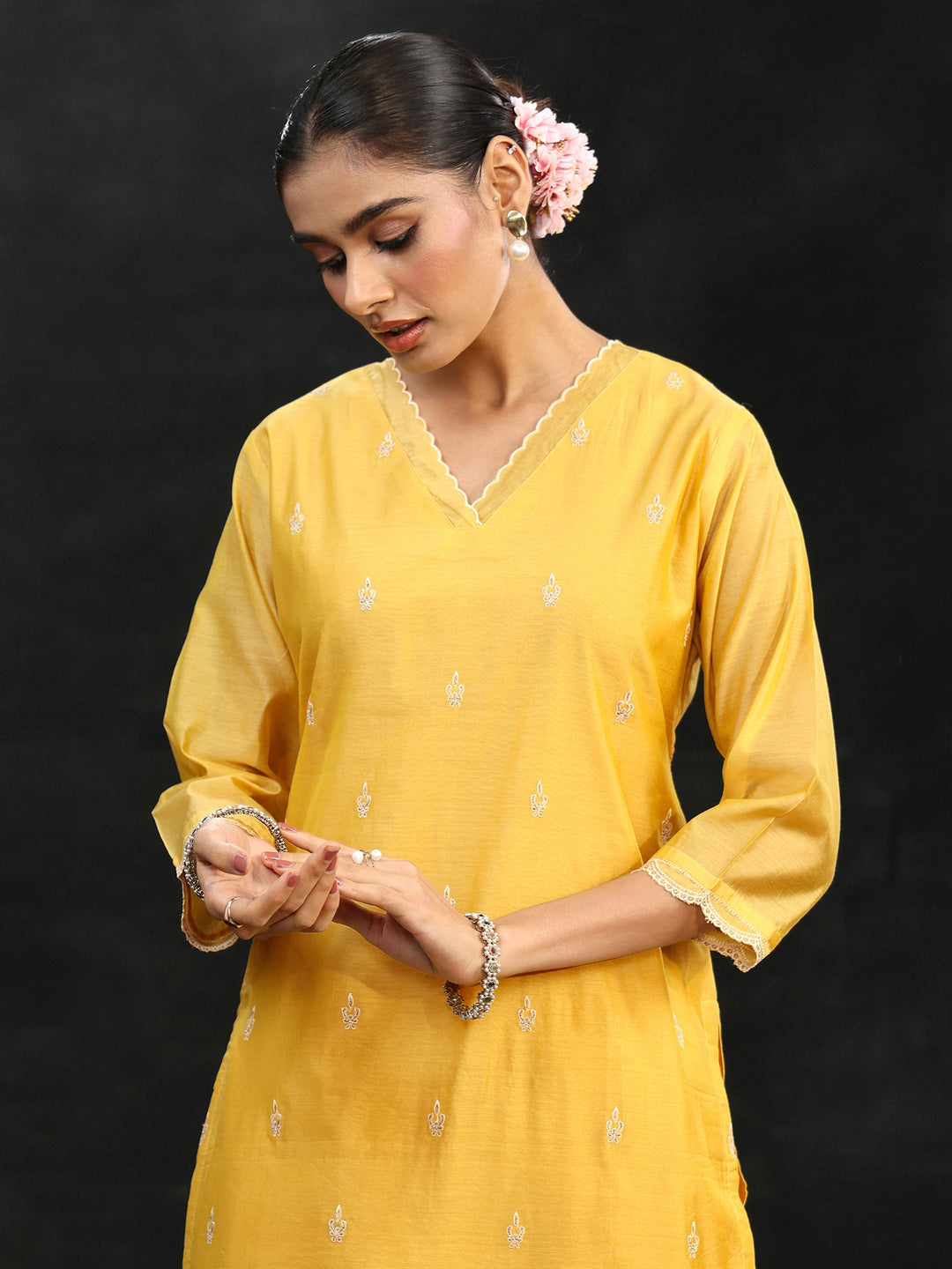  Libas Sunshine Yellow Embroidered Chanderi Silk Straight Suit Set 