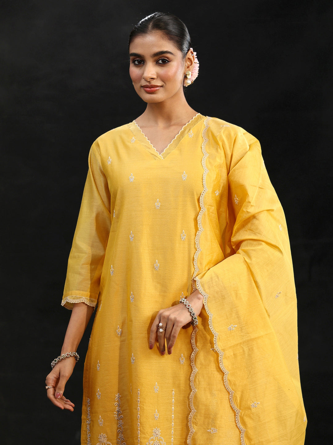  Libas Sunshine Yellow Embroidered Chanderi Silk Straight Suit Set 