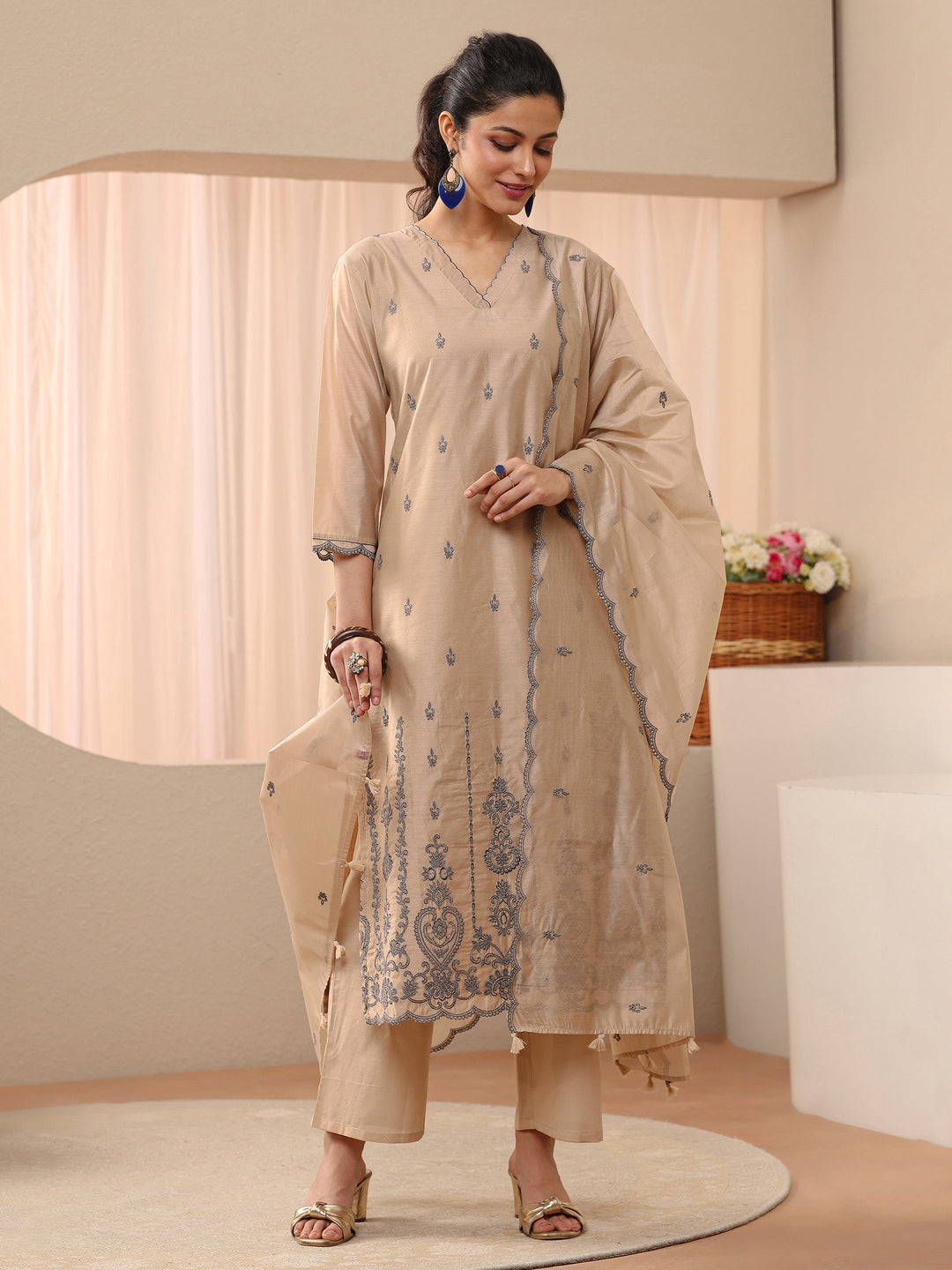  Beige Ethnic Embroidered Chanderi Silk Straight Suit Set 