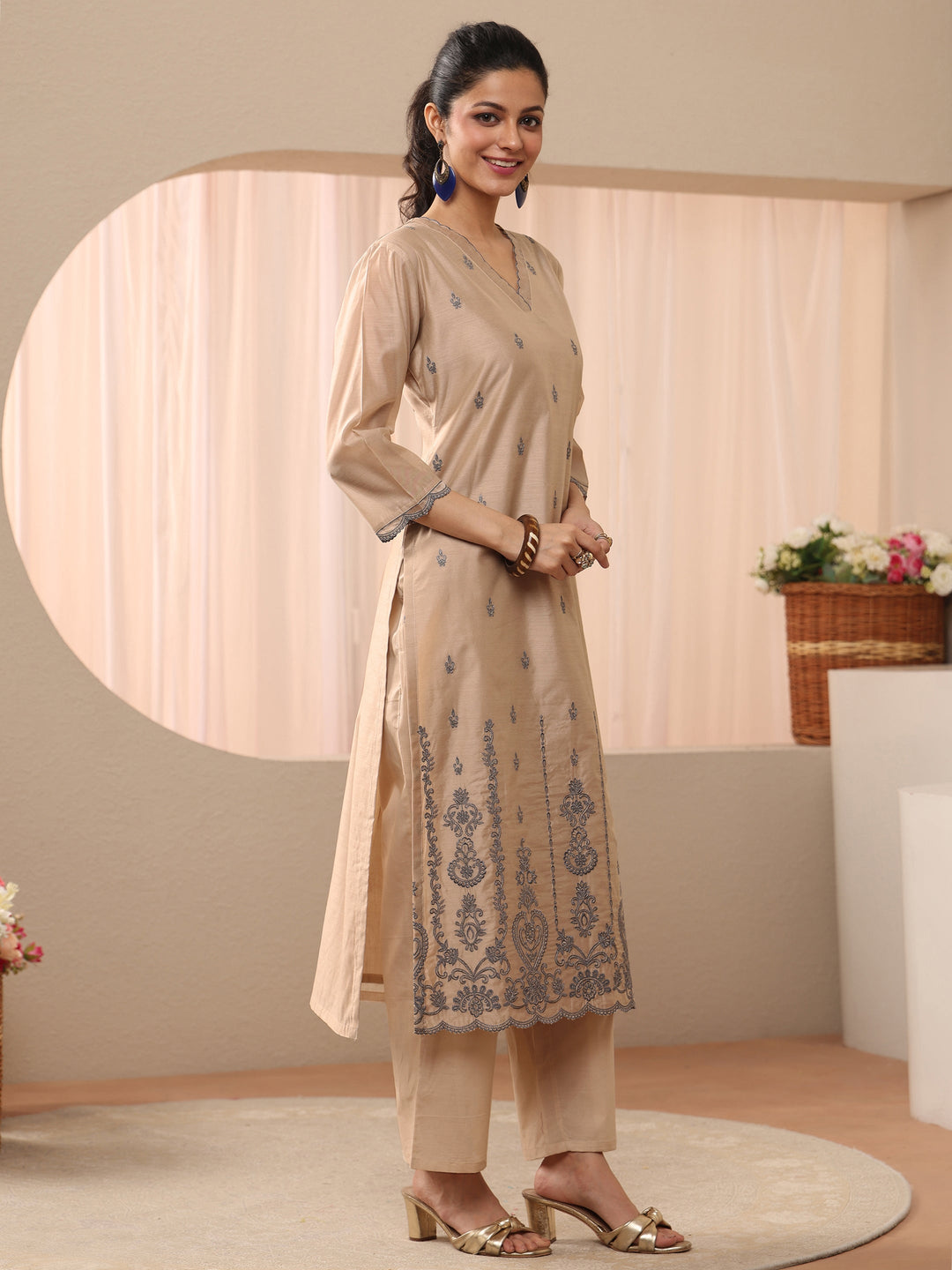  Beige Ethnic Embroidered Chanderi Silk Straight Suit Set 